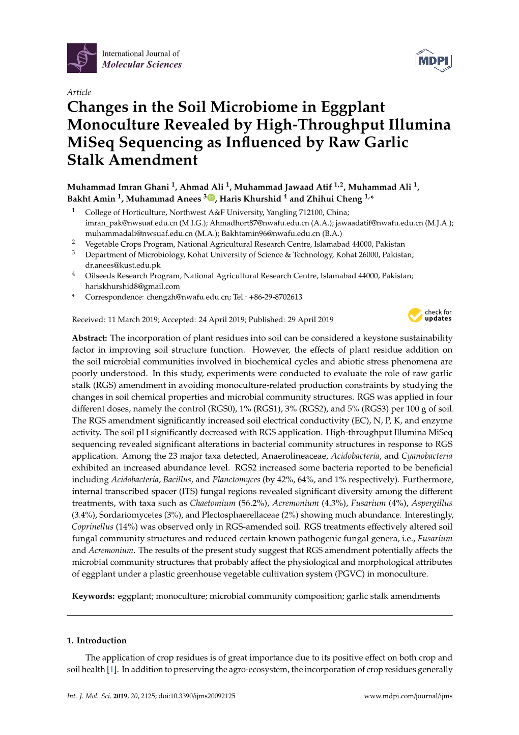 Changes in the Soil Microbiome in Eggplant Monoculture Revealed by High-Throughput Illumina Miseq Sequencing As Inﬂuenced by Raw Garlic Stalk Amendment