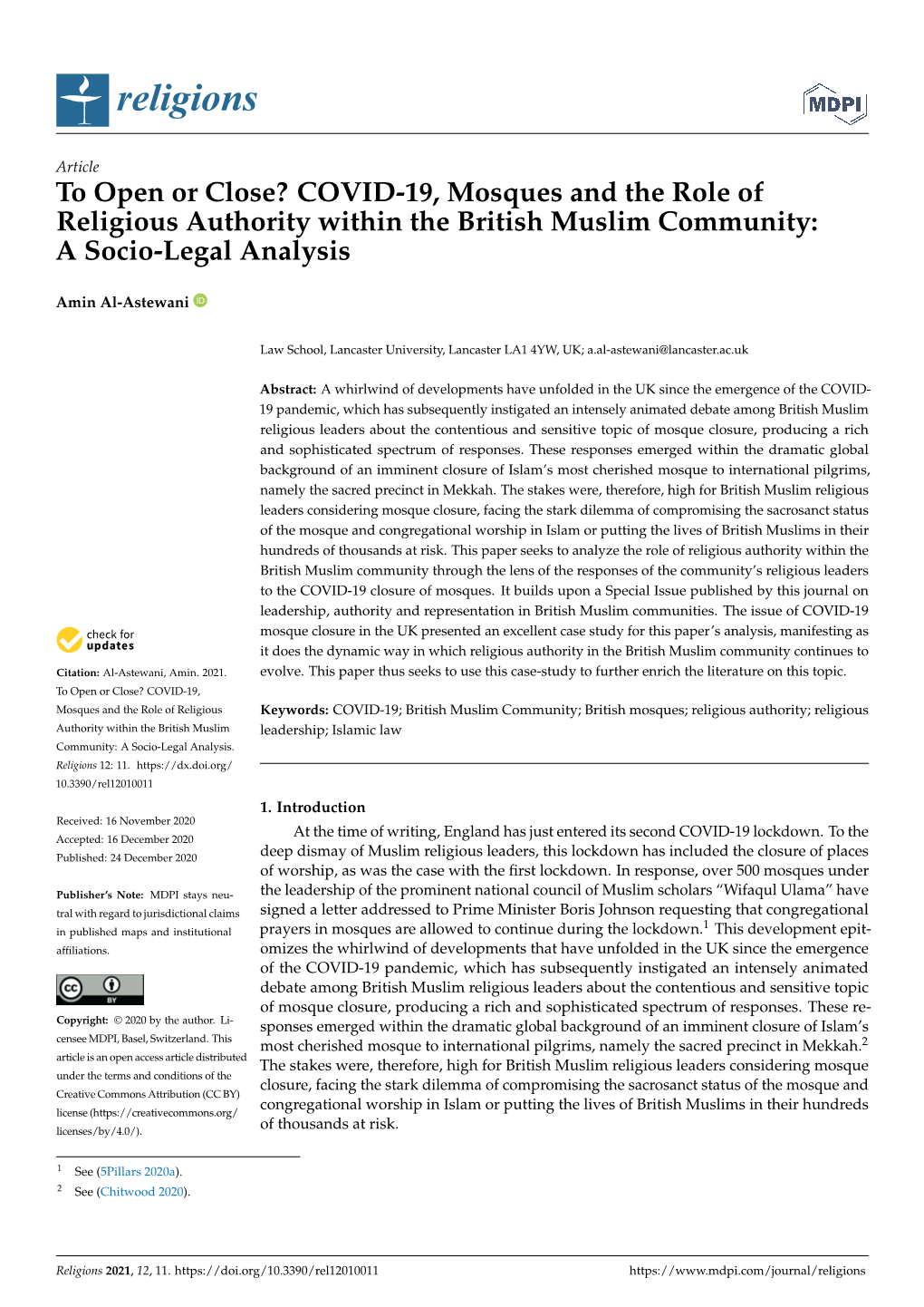 COVID-19, Mosques and the Role of Religious Authority Within the British Muslim Community: a Socio-Legal Analysis