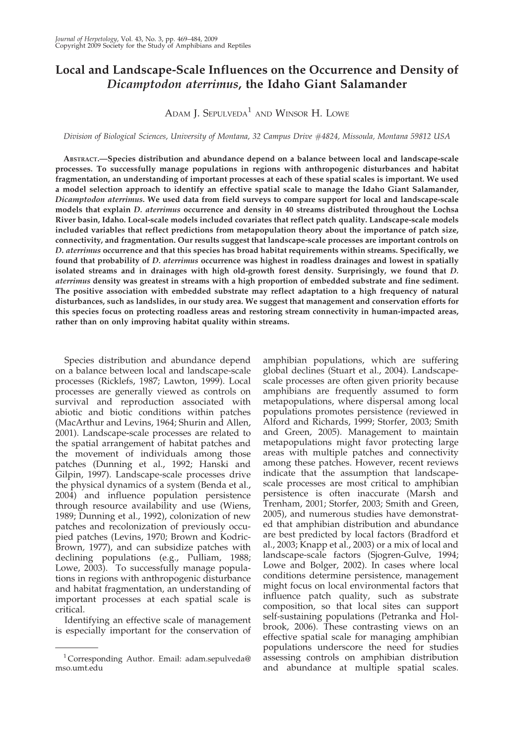 Local and Landscape-Scale Influences on the Occurrence and Density of Dicamptodon Aterrimus, the Idaho Giant Salamander