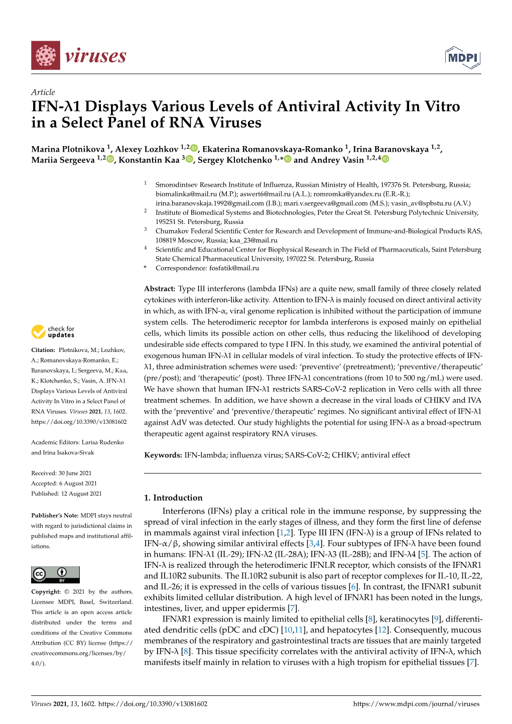 IFN-Λ1 Displays Various Levels of Antiviral Activity in Vitro in a Select Panel of RNA Viruses