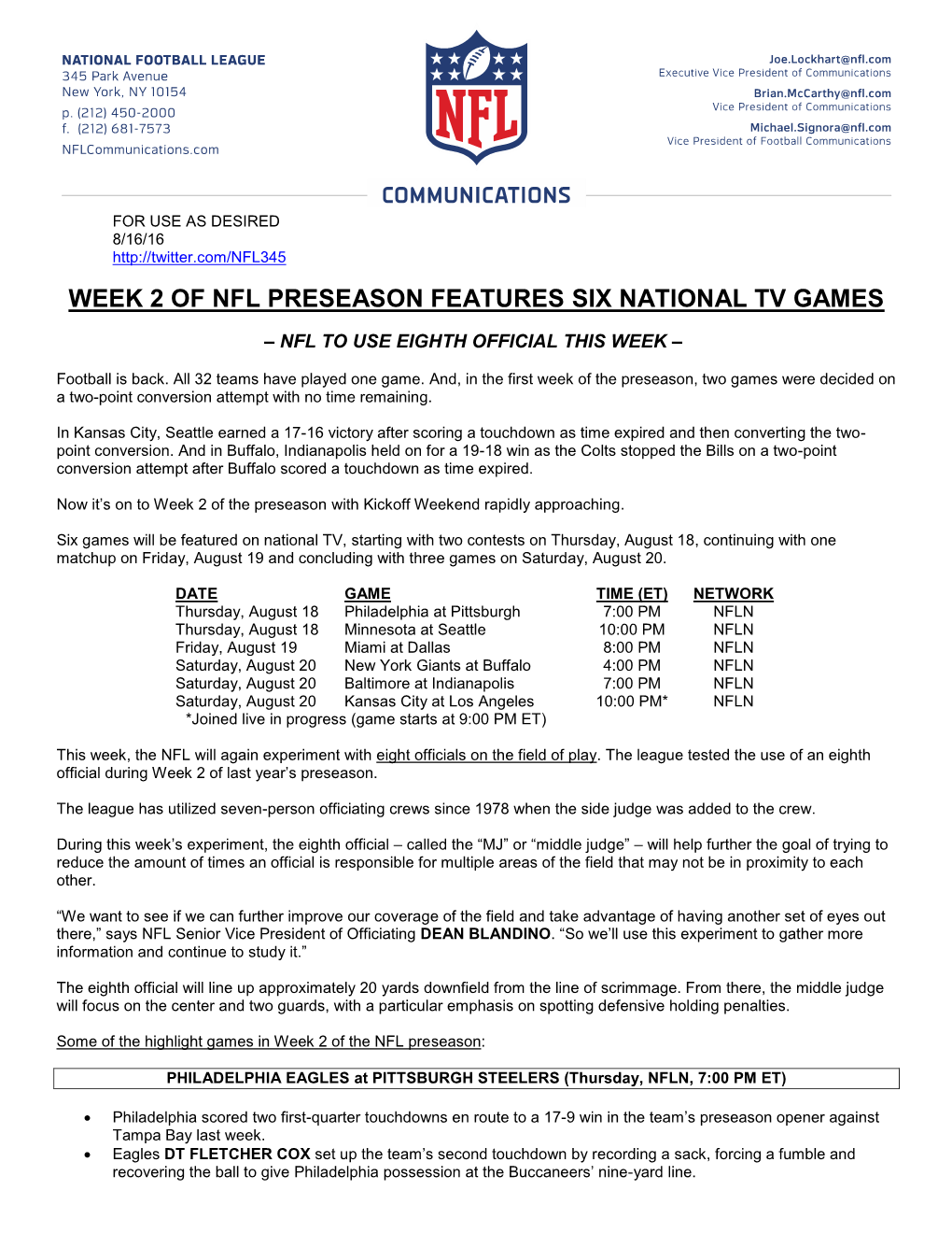 Week 2 of Nfl Preseason Features Six National Tv Games