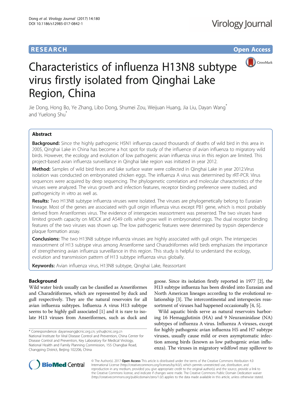 Characteristics of Influenza H13N8 Subtype Virus Firstly Isolated From