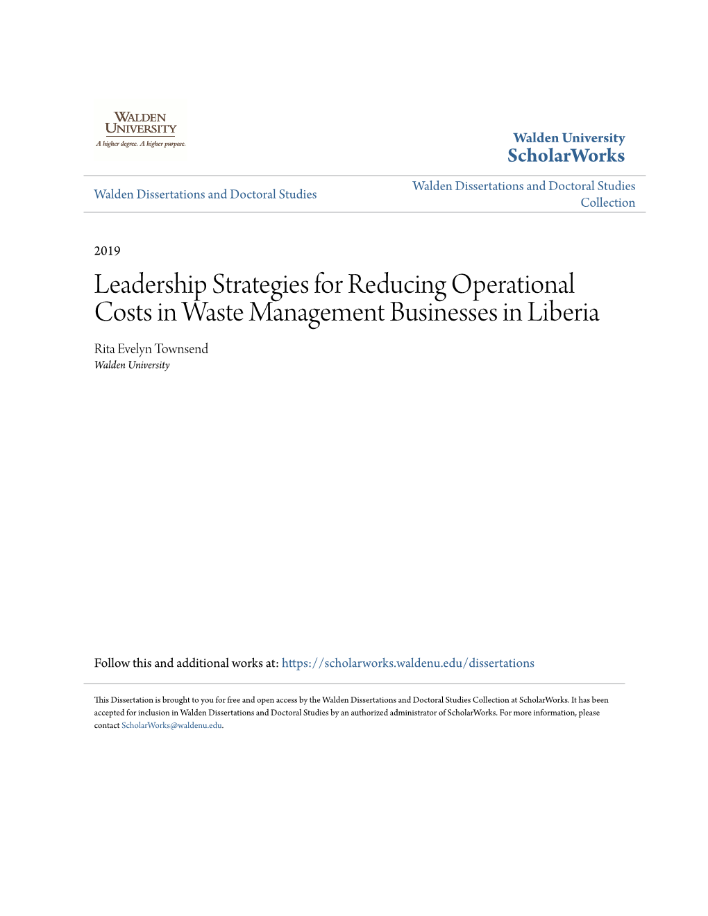 Leadership Strategies for Reducing Operational Costs in Waste Management Businesses in Liberia Rita Evelyn Townsend Walden University