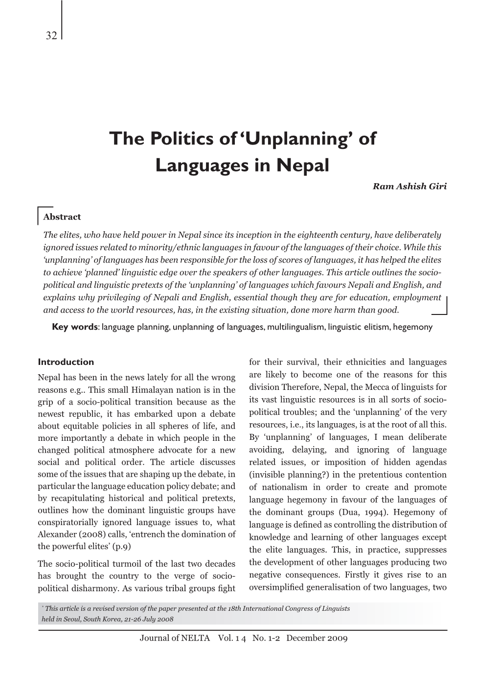 The Politics of 'Unplanning' of Languages in Nepal