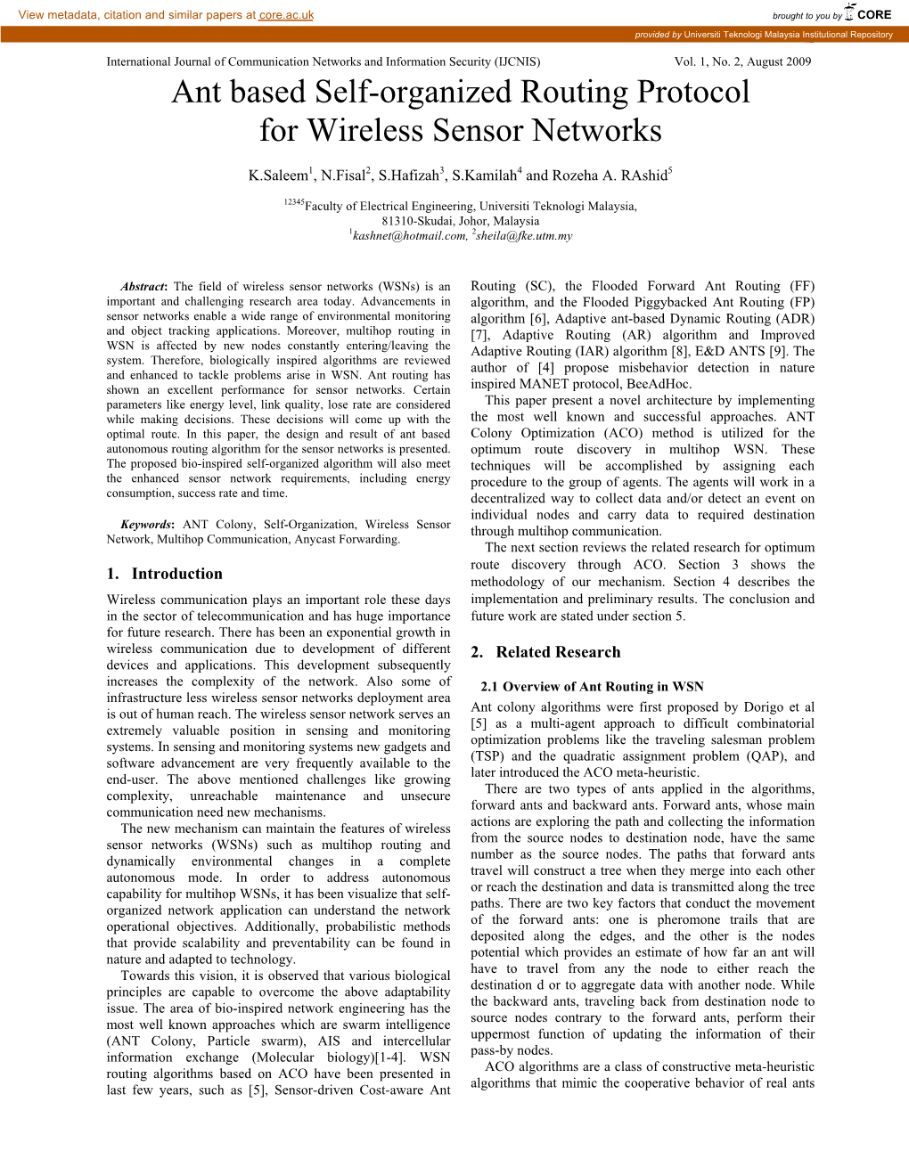 Ant Based Self-Organized Routing Protocol for Wireless Sensor Networks