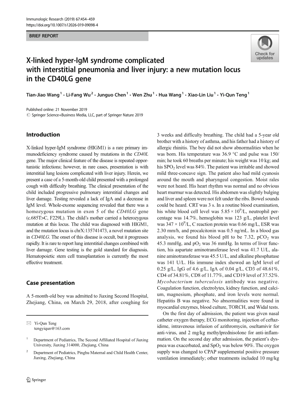 X-Linked Hyper-Igm Syndrome Complicated with Interstitial Pneumonia and Liver Injury: a New Mutation Locus in the CD40LG Gene