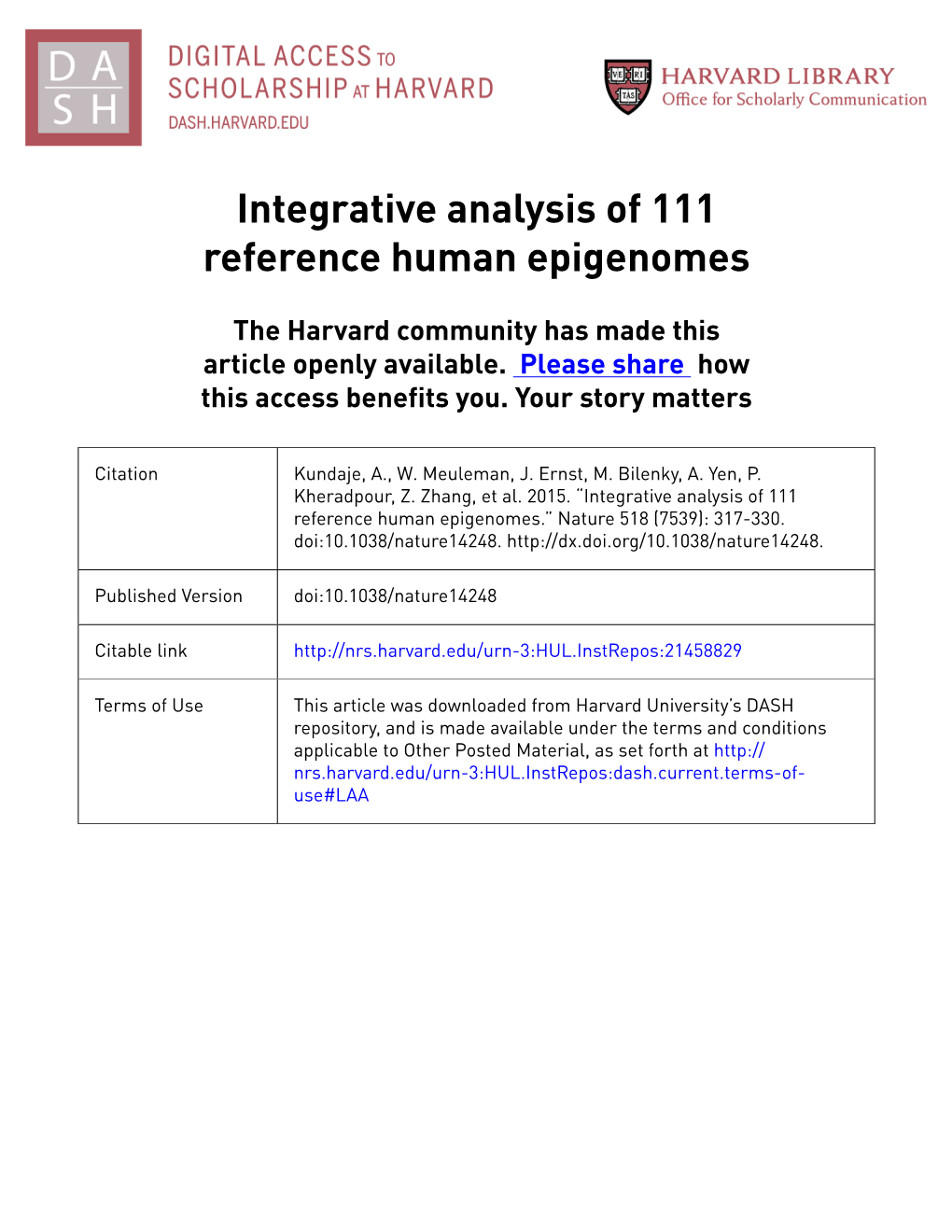 Integrative Analysis of 111 Reference Human Epigenomes