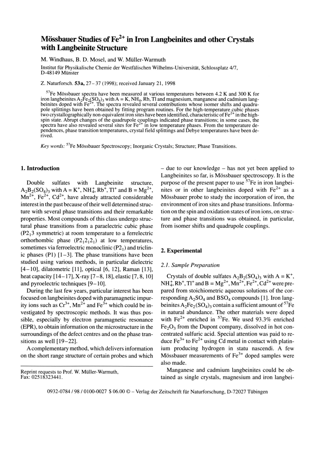 Mössbauer Studies of Fe2+ in Iron Langbeinites and Other Crystals with Langbeinite Structure M