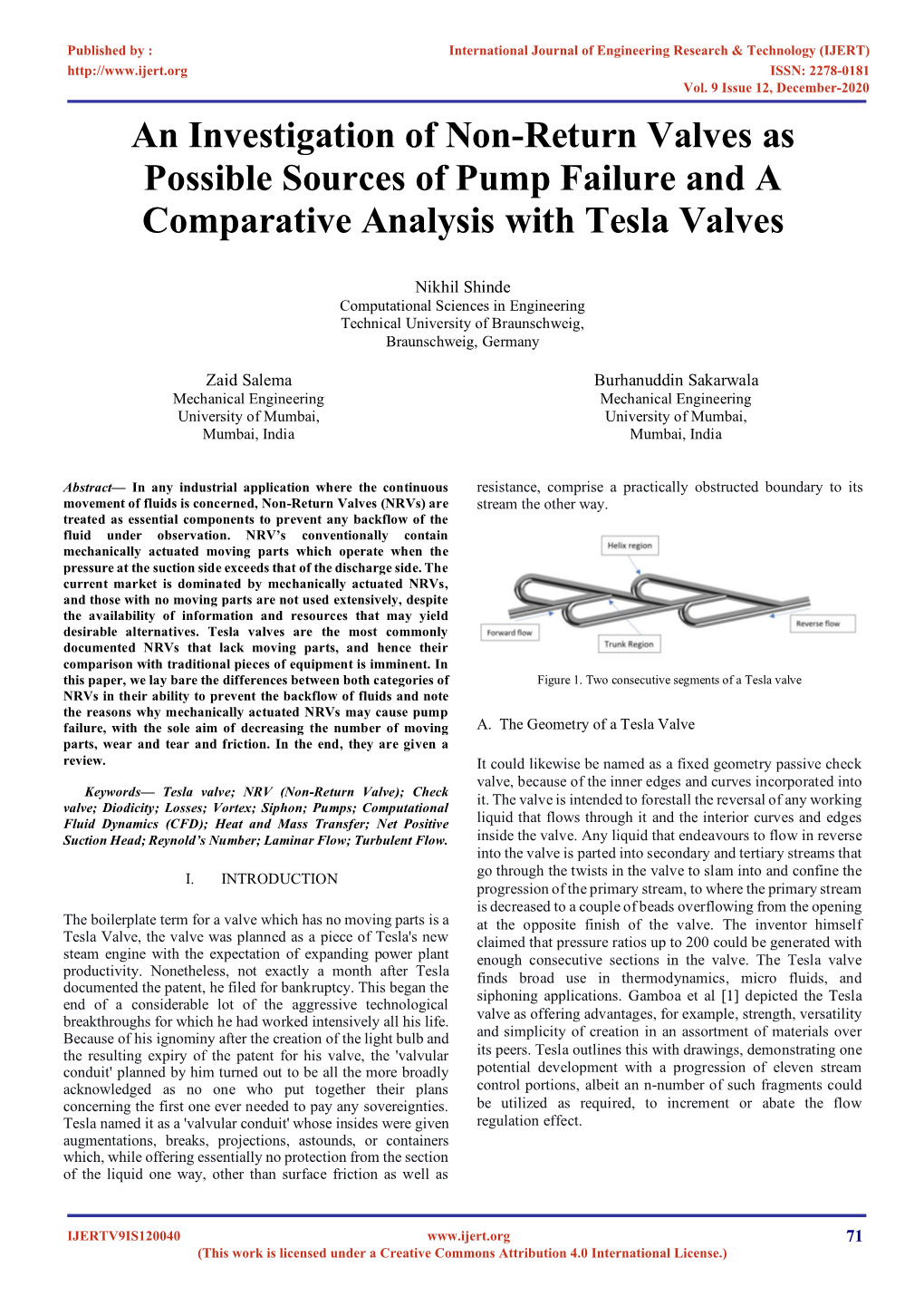 An Investigation of Non-Return Valves As Possible Sources of Pump Failure and a Comparative Analysis with Tesla Valves