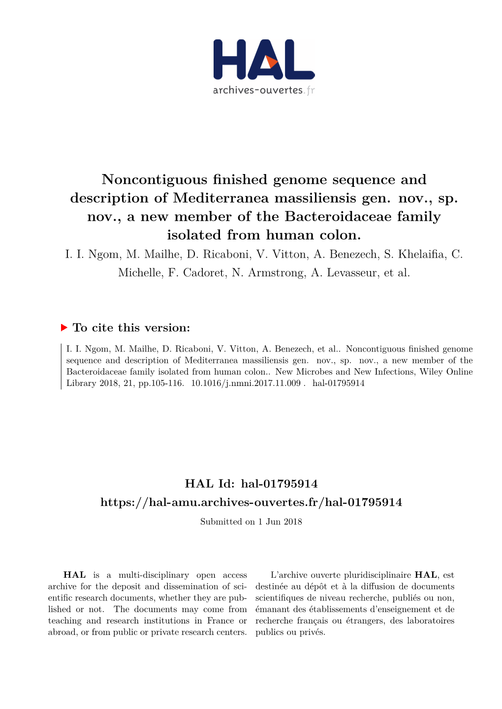 Noncontiguous Finished Genome Sequence and Description of Mediterranea Massiliensis Gen