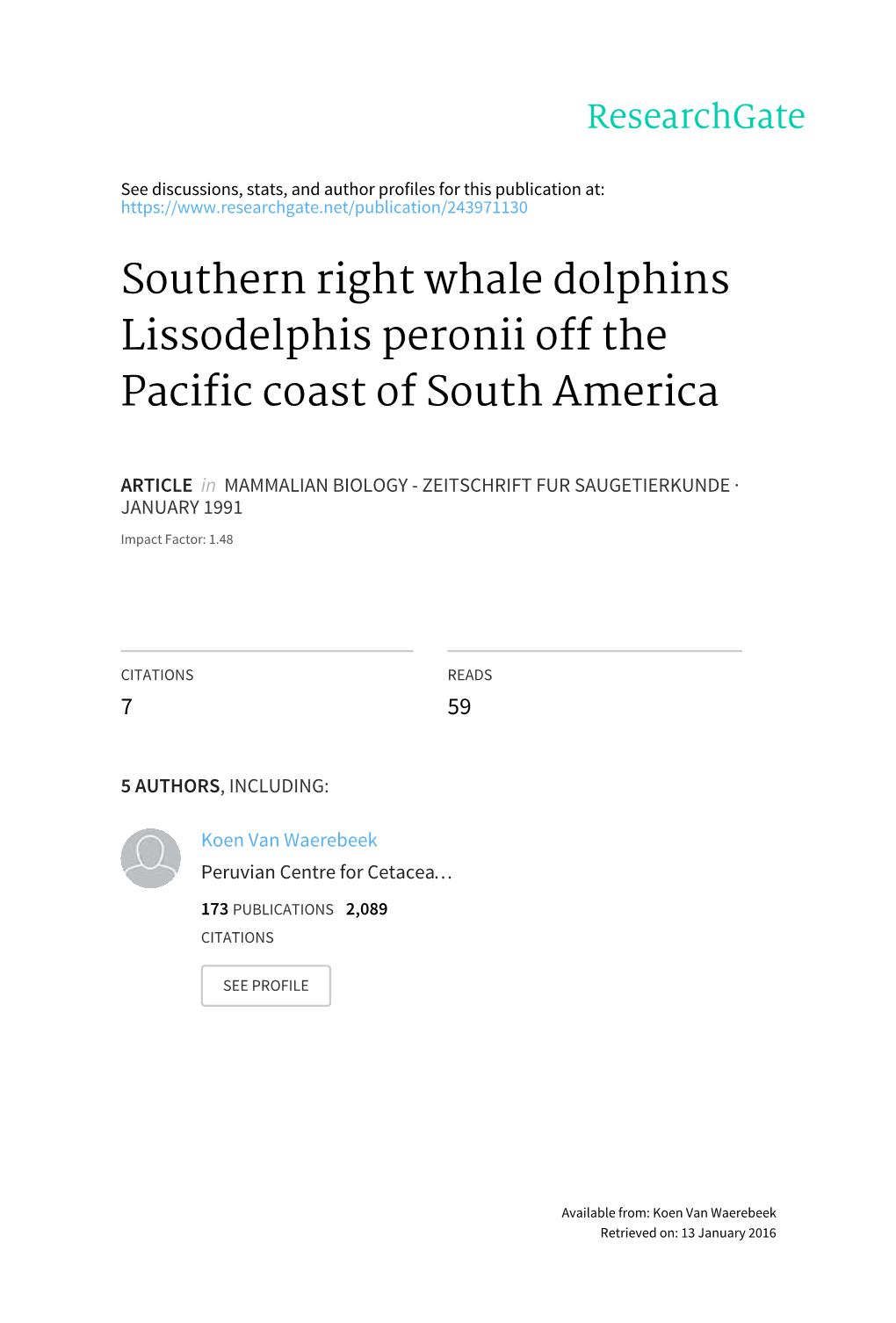 Southern Right Whale Dolphins Lissodelphis Peronii Off the Pacific Coast of South America