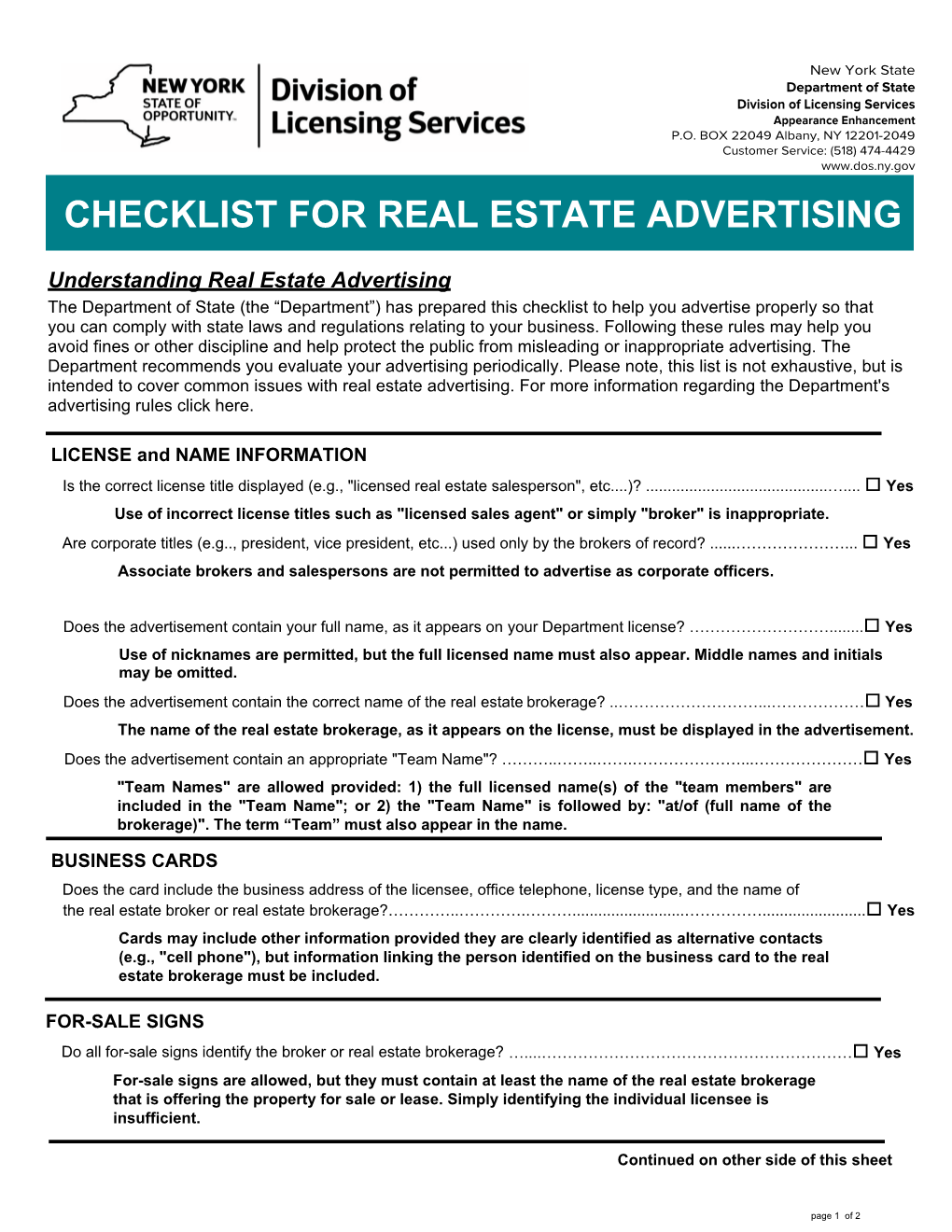 Checklist for Real Estate Advertising