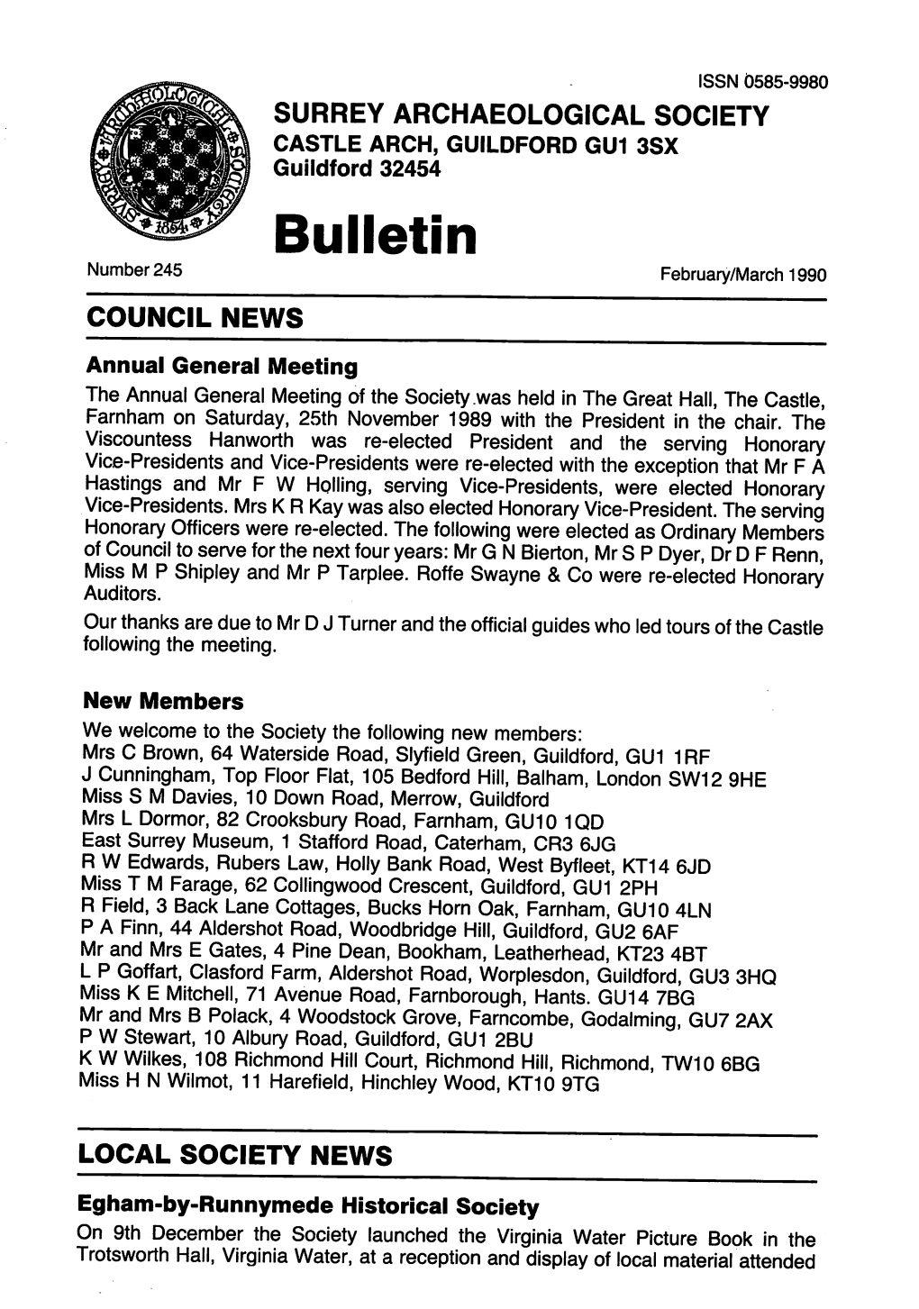 Bulletin Number 245 February/March 1990 C O U N C I L N E W S ~