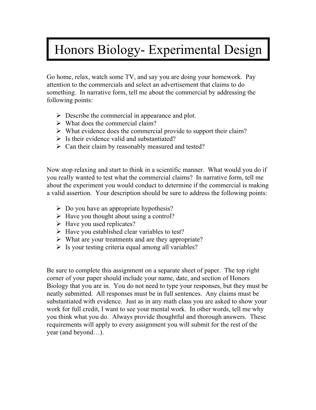 Honors Biology- Experimental Design