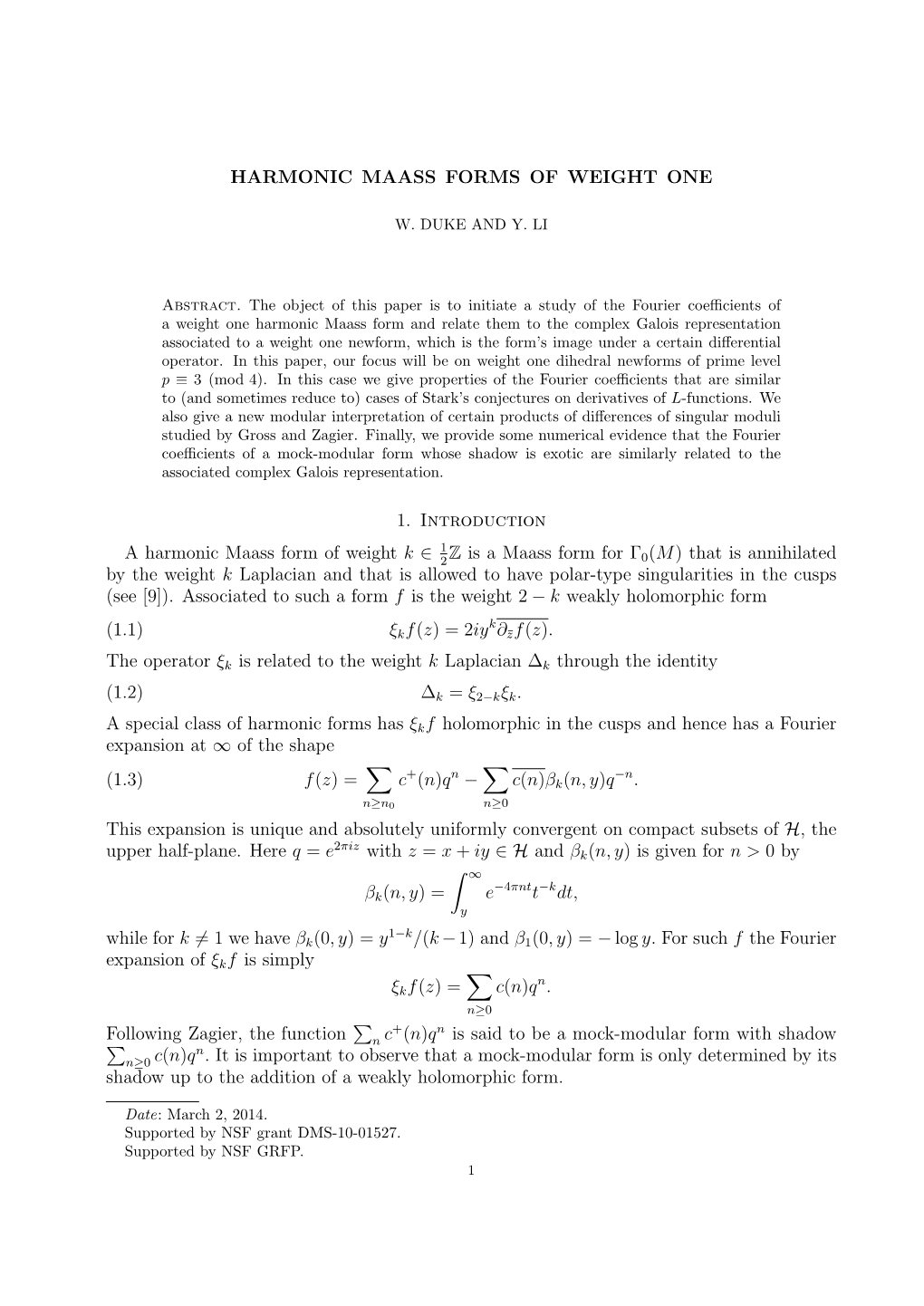 Harmonic Maass Forms of Weight One