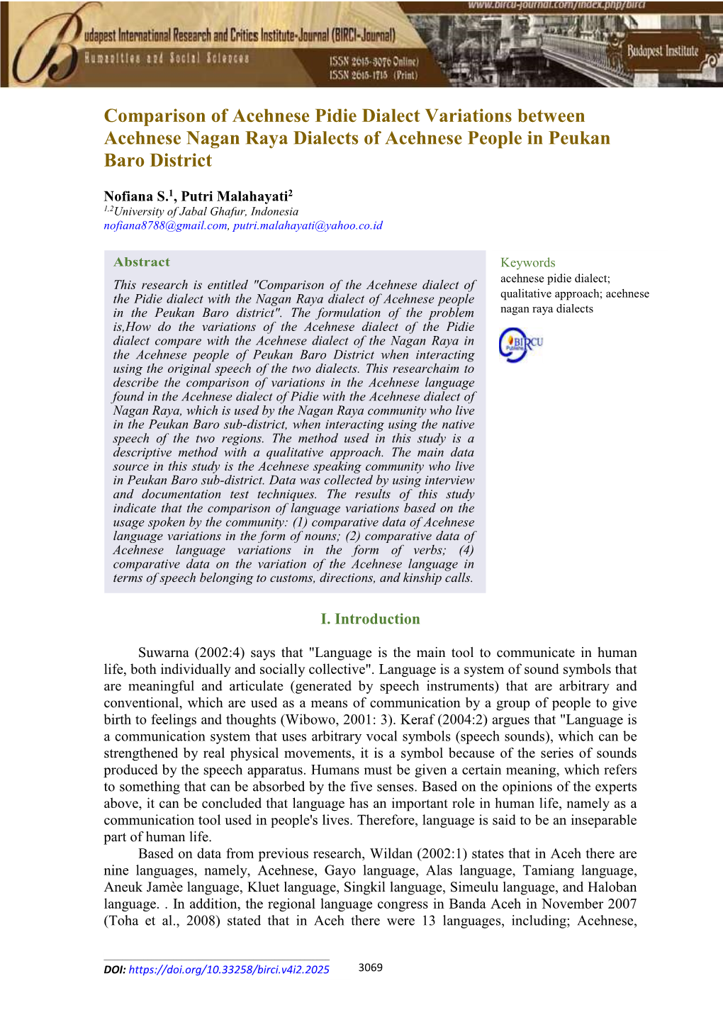 Comparison of Acehnese Pidie Dialect Variations Between Acehnese Nagan Raya Dialects of Acehnese People in Peukan Baro District