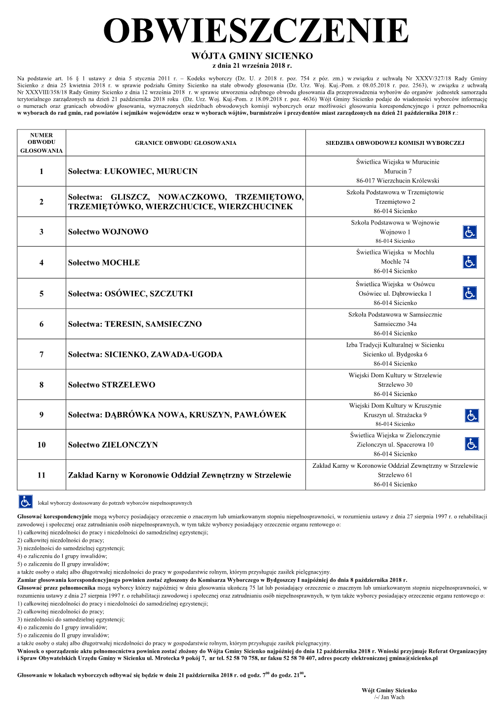 OBWIESZCZENIE WÓJTA GMINY SICIENKO Z Dnia 21 Września 2018 R