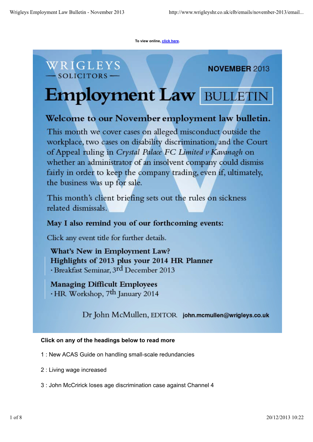 Wrigleys Employment Law Bulletin - November 2013