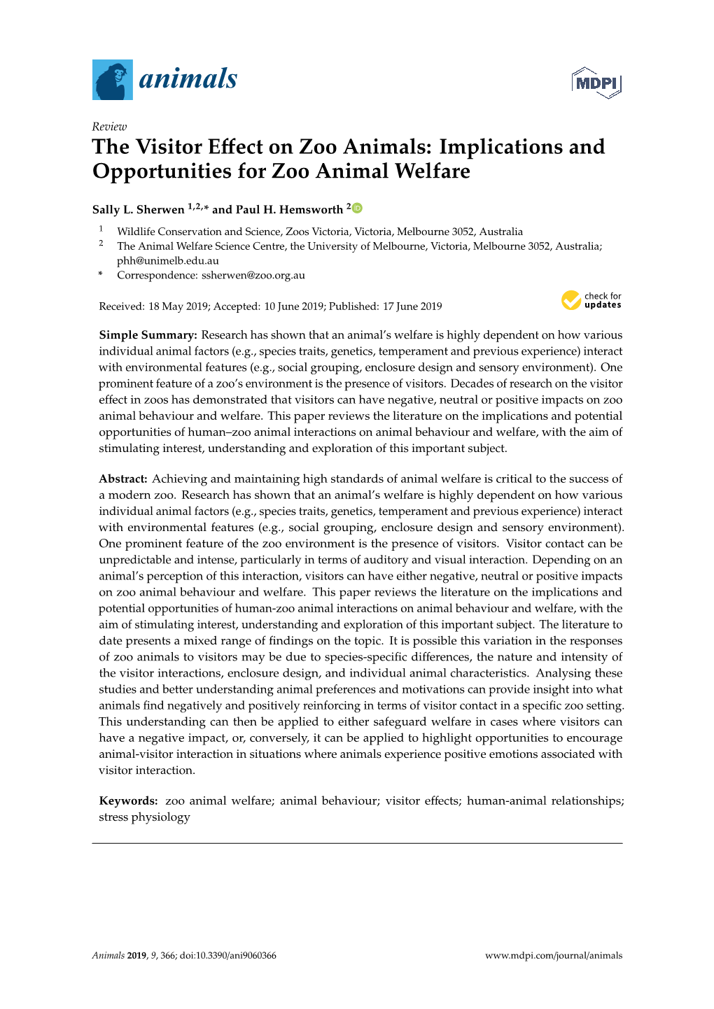 The Visitor Effect on Zoo Animals: Implications and Opportunities for Zoo Animal Welfare
