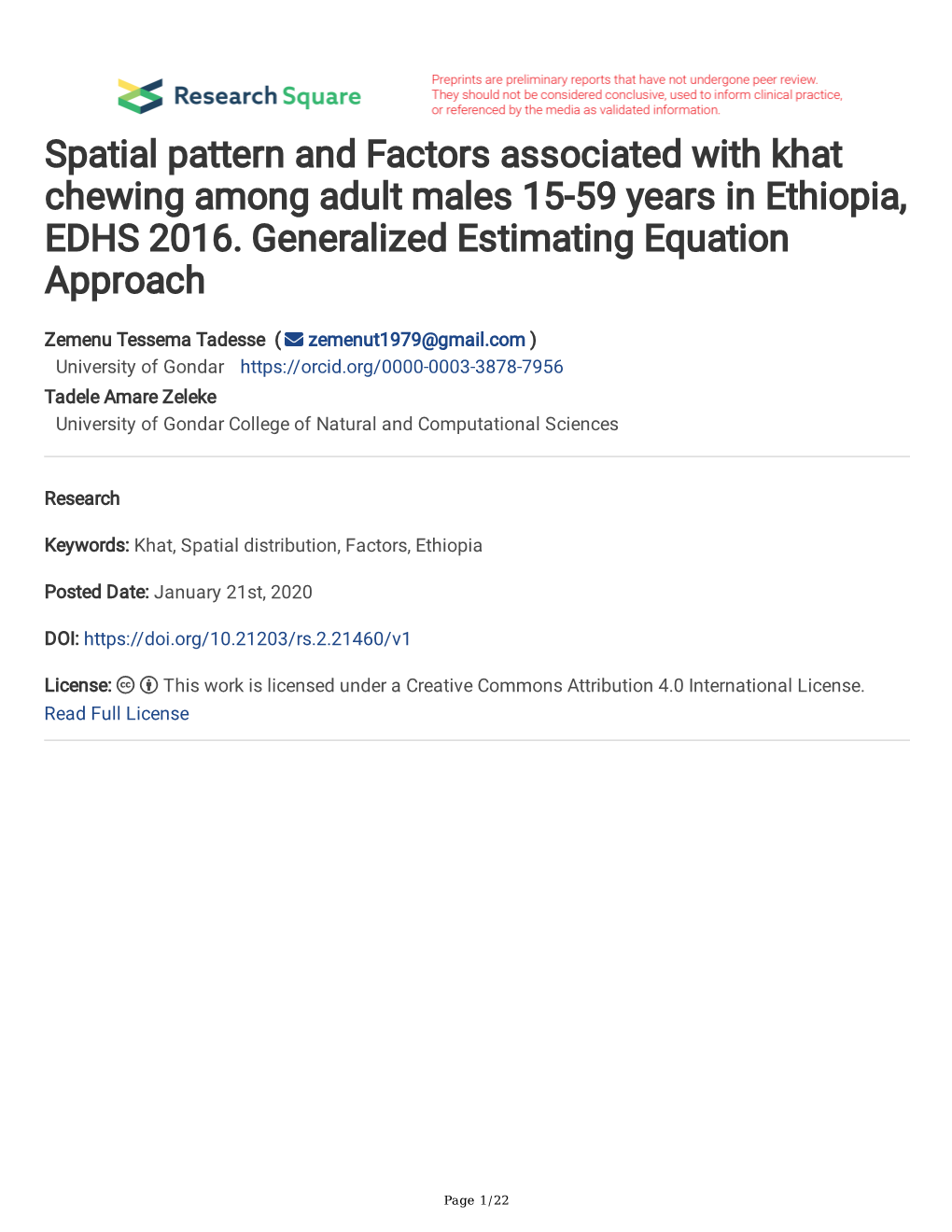 Spatial Pattern and Factors Associated with Khat Chewing Among Adult Males 15-59 Years in Ethiopia, EDHS 2016