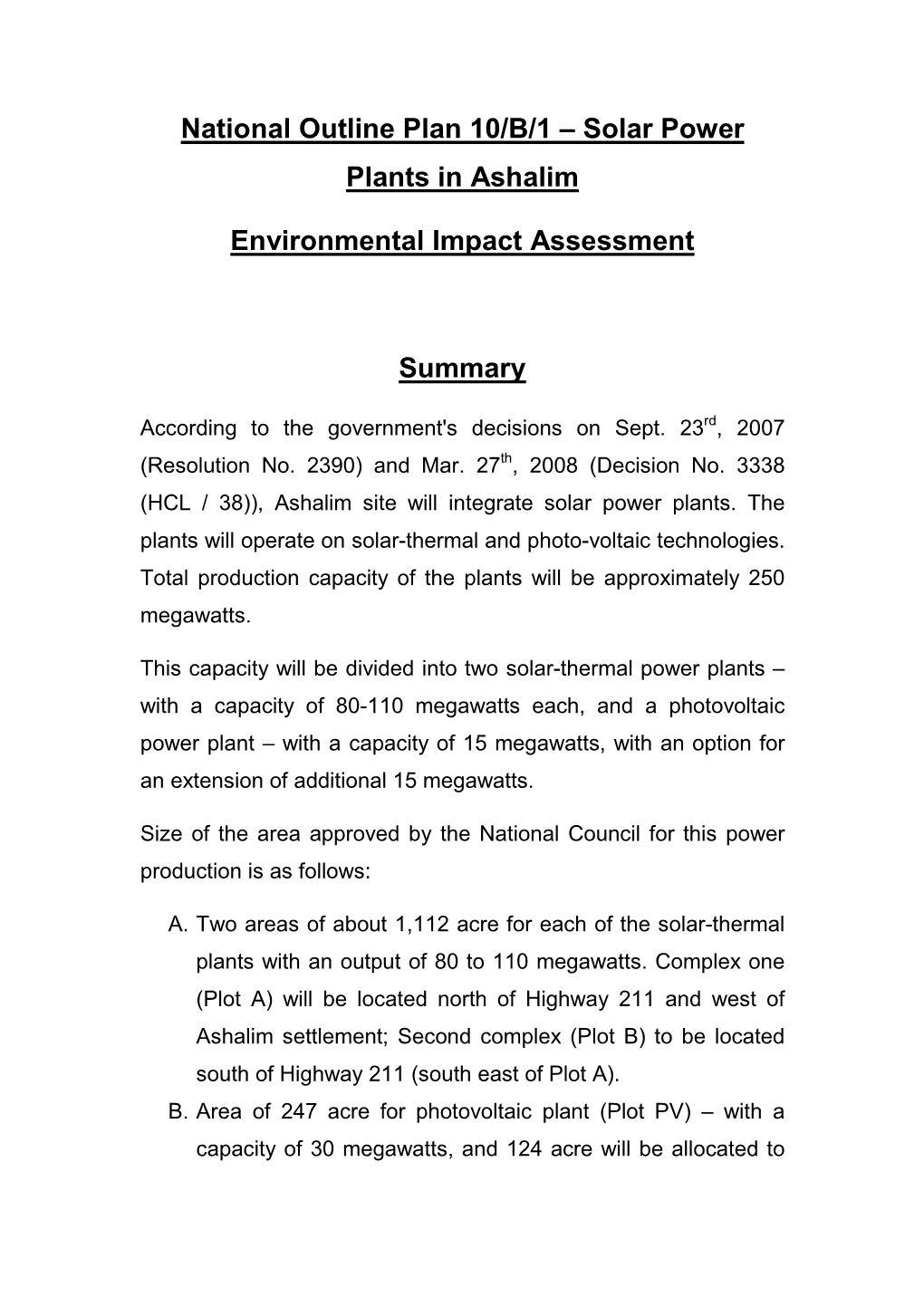 Solar Power Plants in Ashalim Environmental Impact Assessment