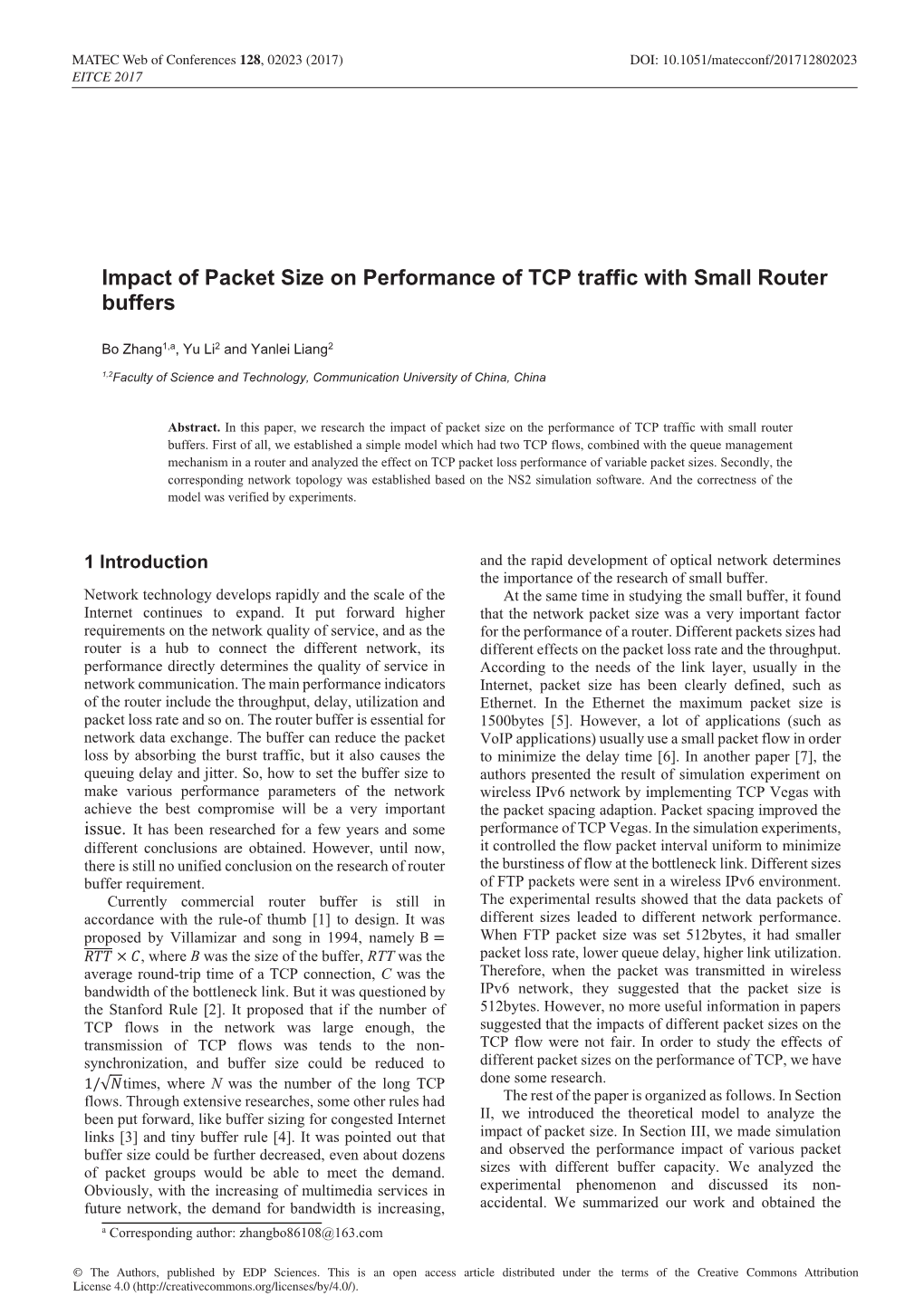 Impact of Packet Size on Performance of TCP Traffic with Small Router Buffers