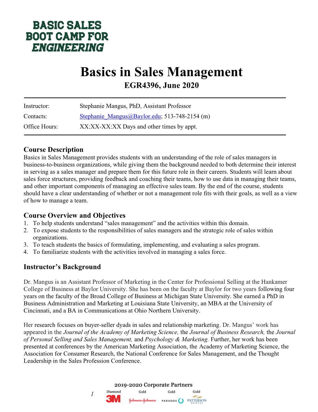 Basics in Sales Management EGR4396, June 2020