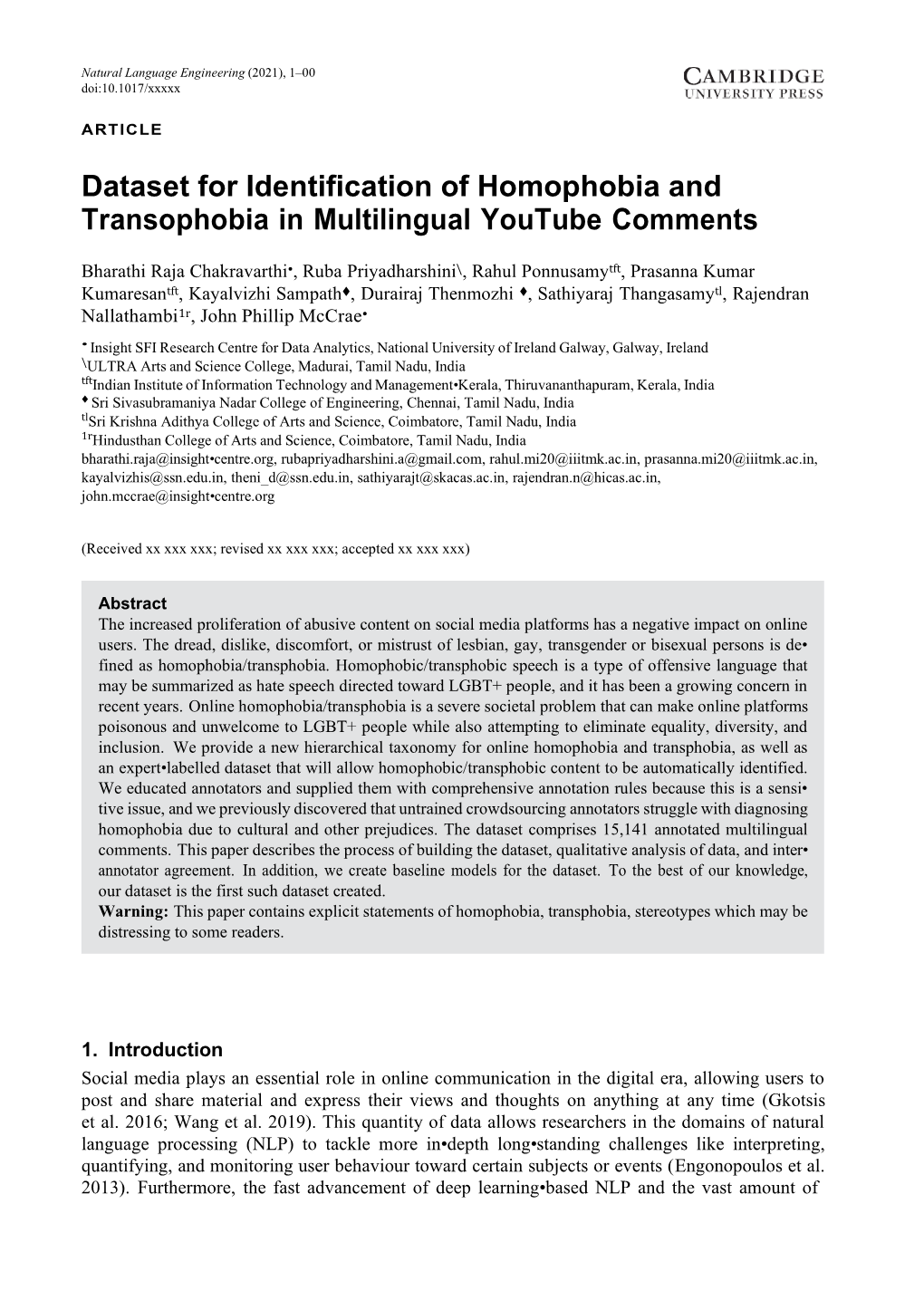 Dataset for Identification of Homophobia and Transophobia in Multilingual Youtube Comments