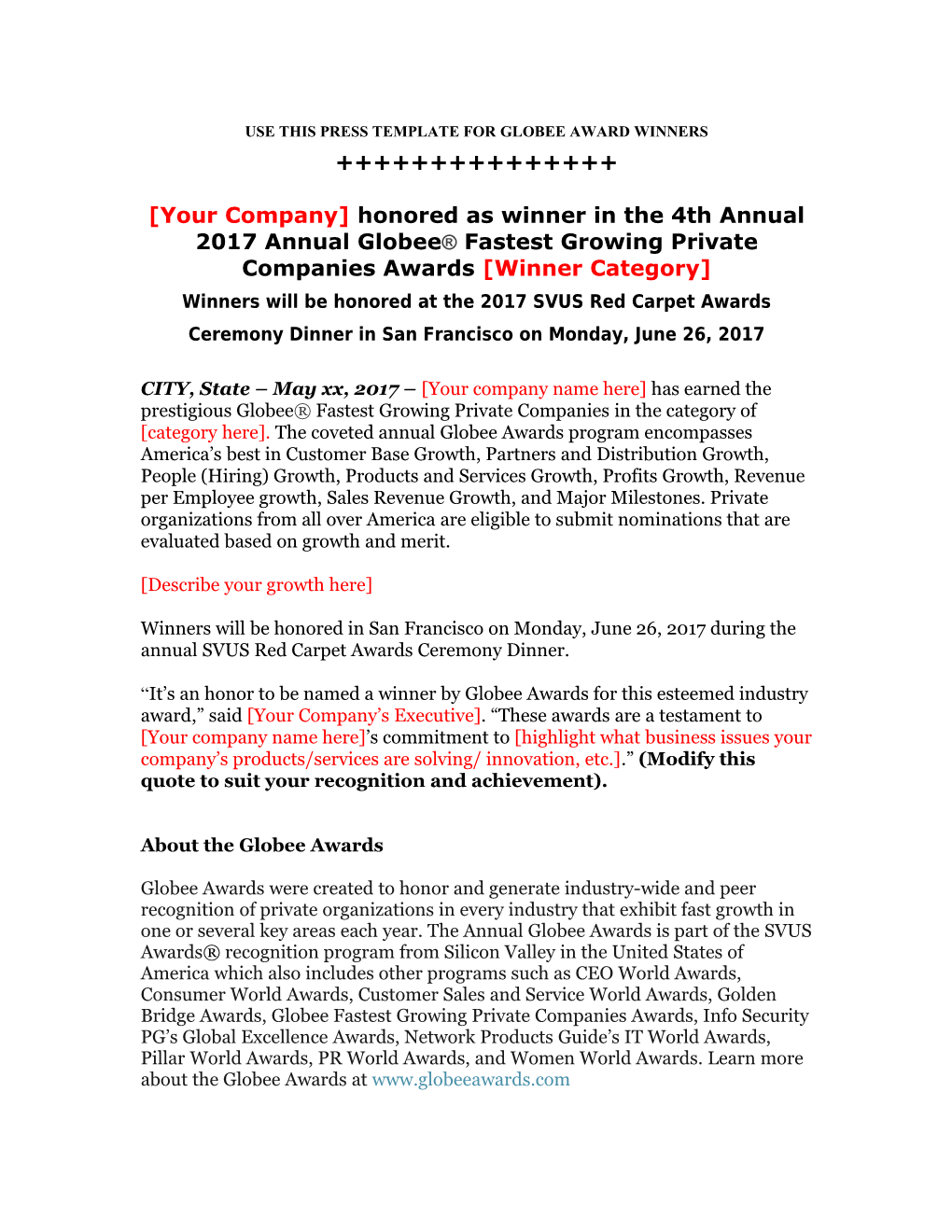 Use This Press Template for Globee Award Winners