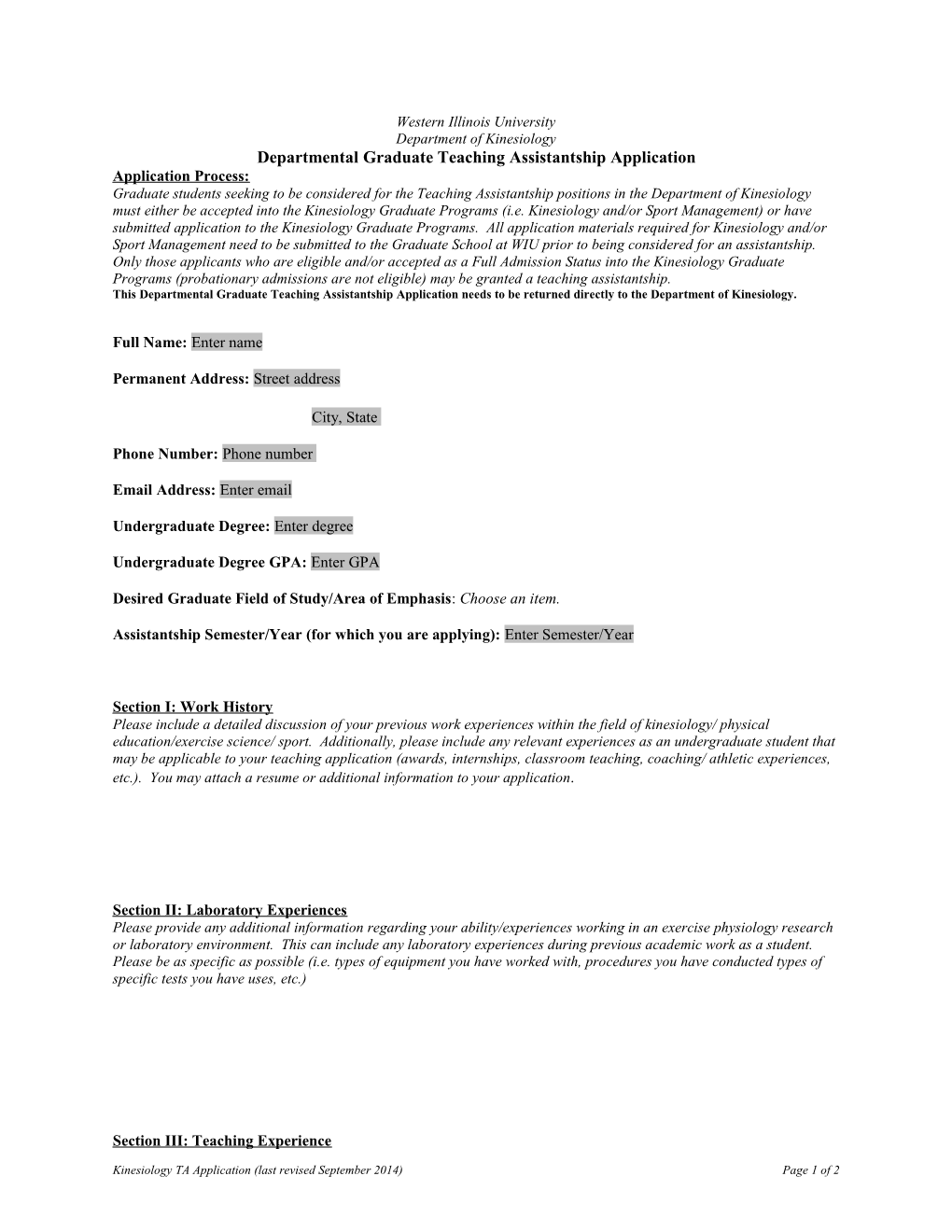 Departmental Graduate Teaching Assistantship Application