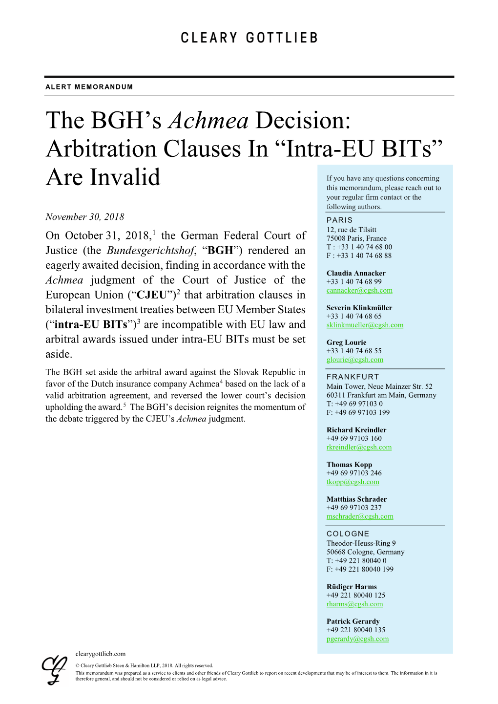 The BGH's Achmea Decision: Arbitration Clauses in “Intra-EU Bits”