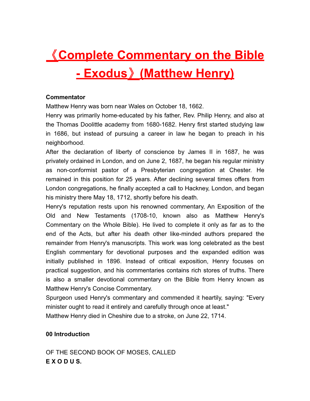 Complete Commentary on the Bible - Exodus (Matthew Henry)