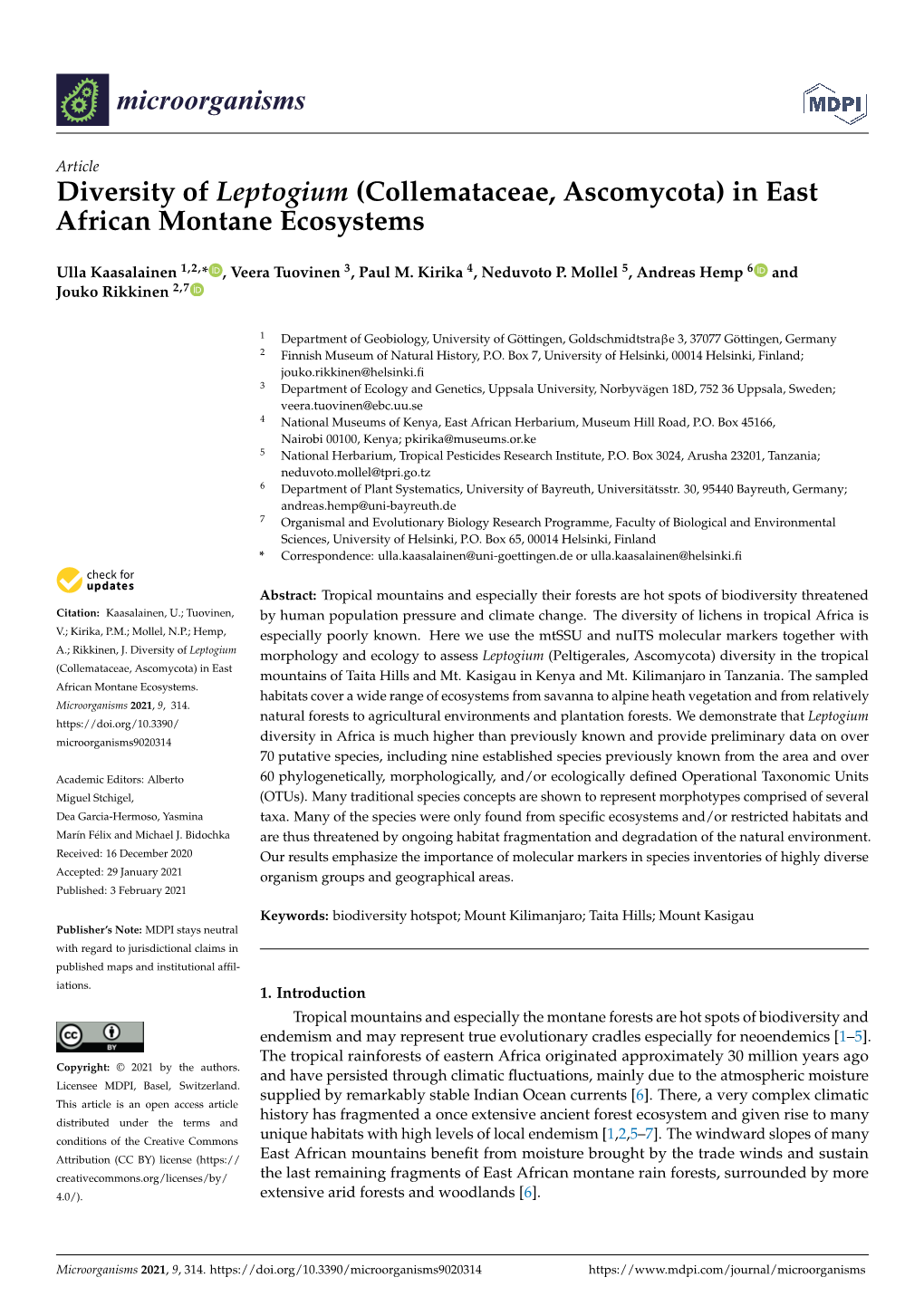 (Collemataceae, Ascomycota) in East African Montane Ecosystems