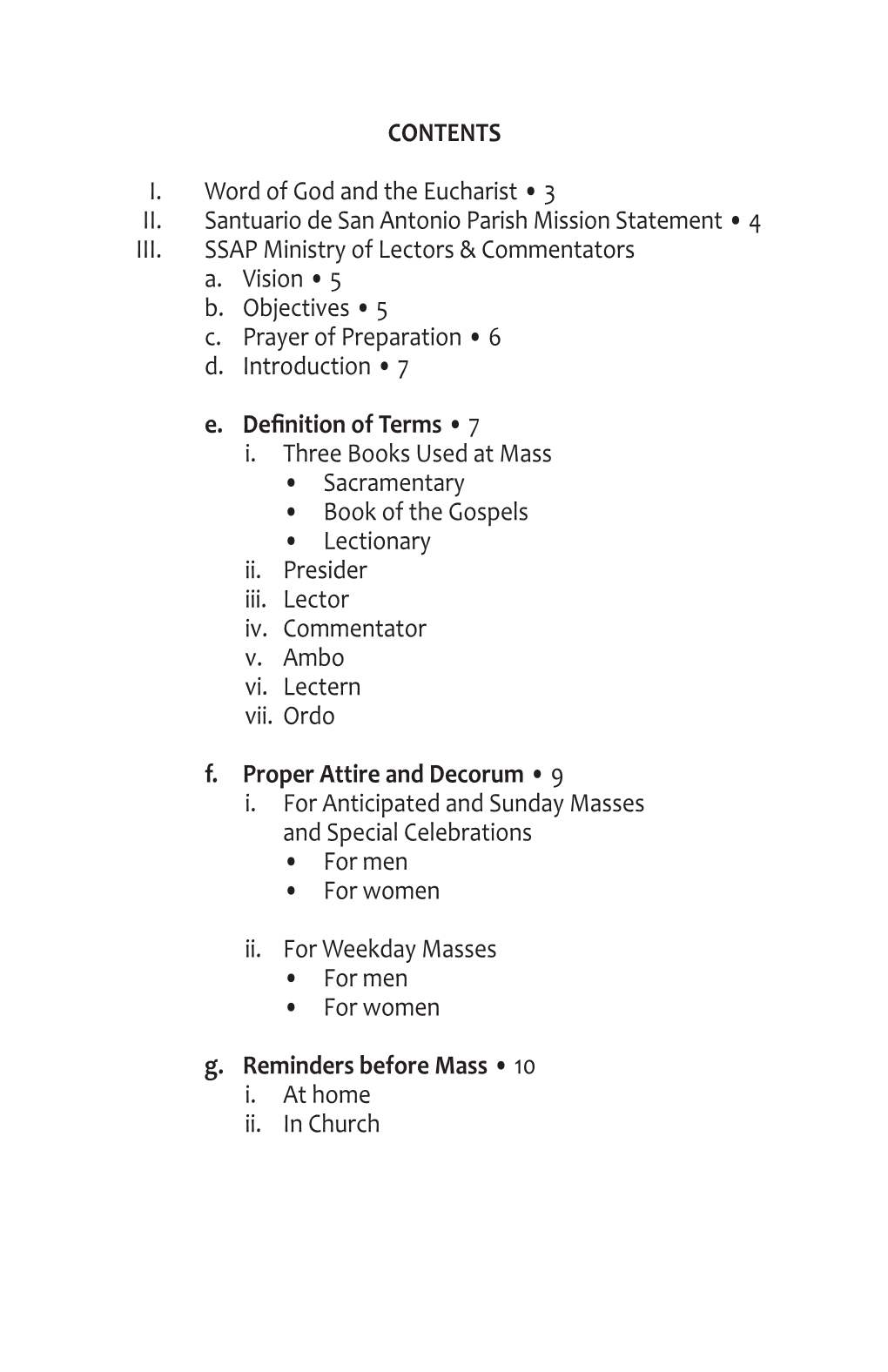 CONTENTS I. Word of God and the Eucharist • 3 II. Santuario De San Antonio Parish Mission Statement • 4 III. SSAP Ministry