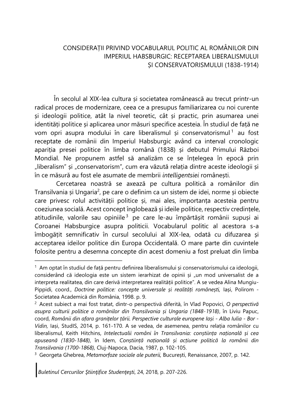 Considerații Privind Vocabularul Politic Al Românilor Din Imperiul Habsburgic: Receptarea Liberalismului Și Conservatorismului (1838-1914)