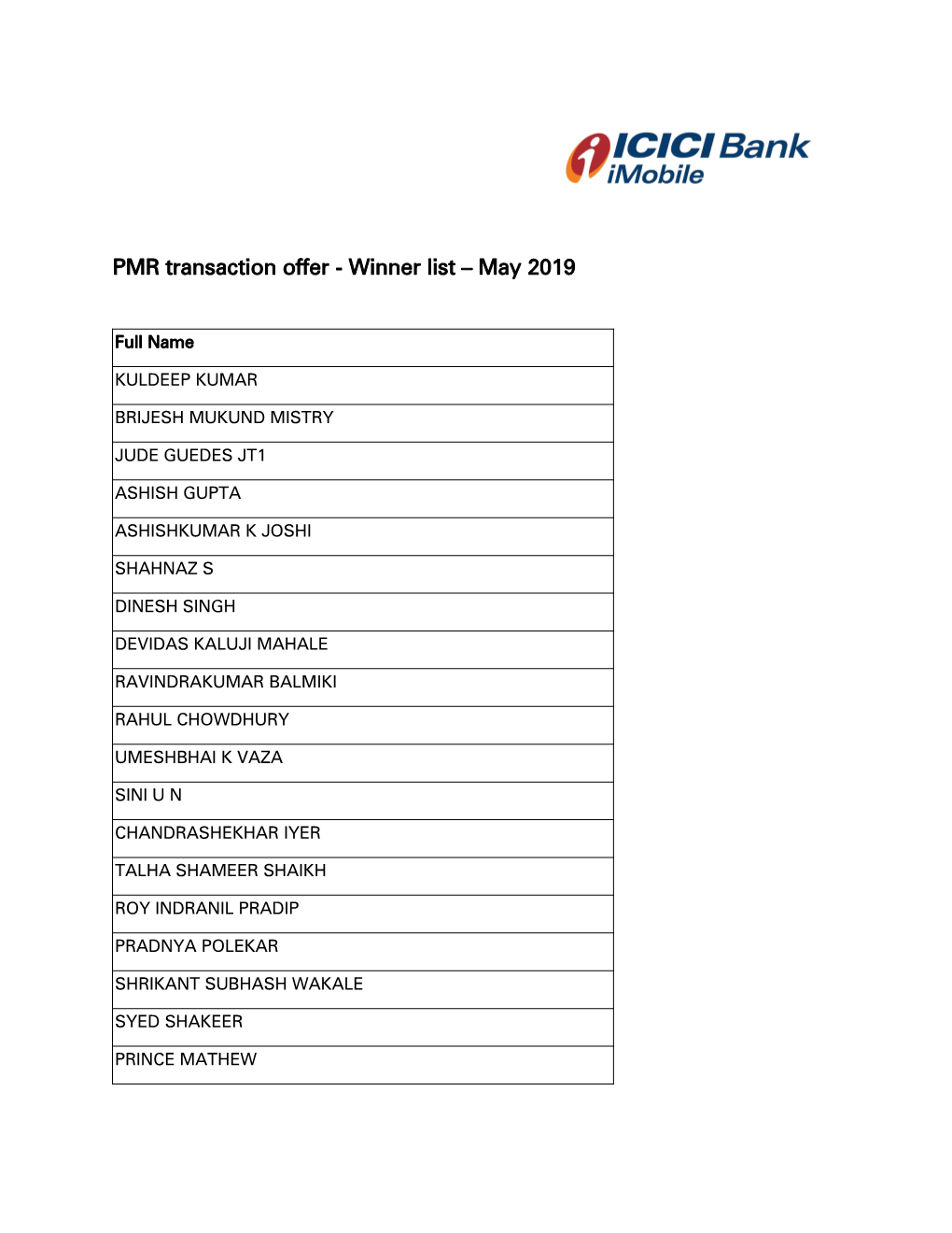 PMR Transaction Offer - Winner List – May 2019