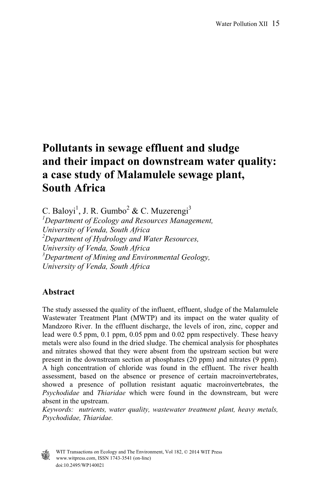 A Case Study of Malamulele Sewage Plant, South Africa
