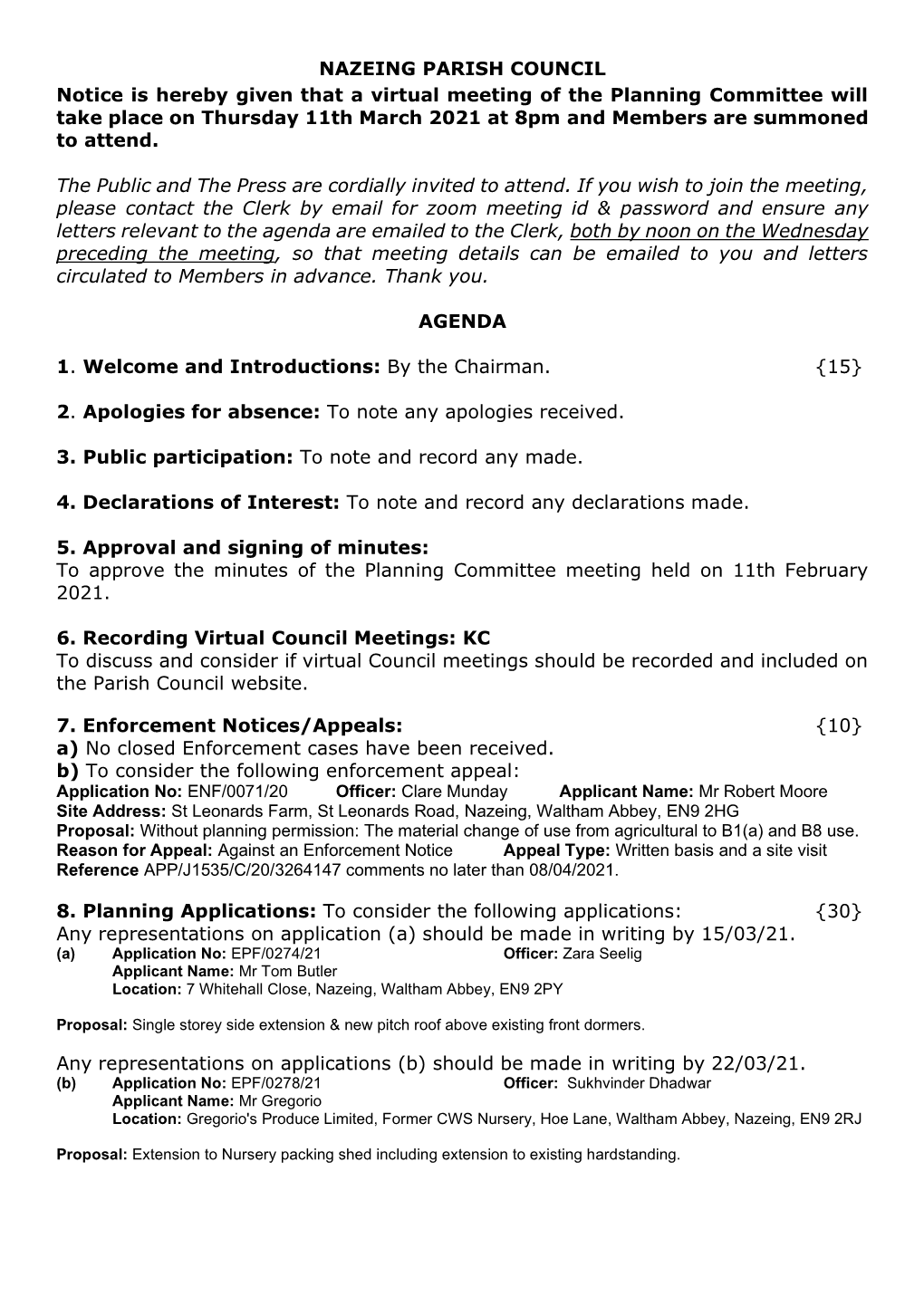 NAZEING PARISH COUNCIL Notice Is Hereby Given That a Virtual Meeting