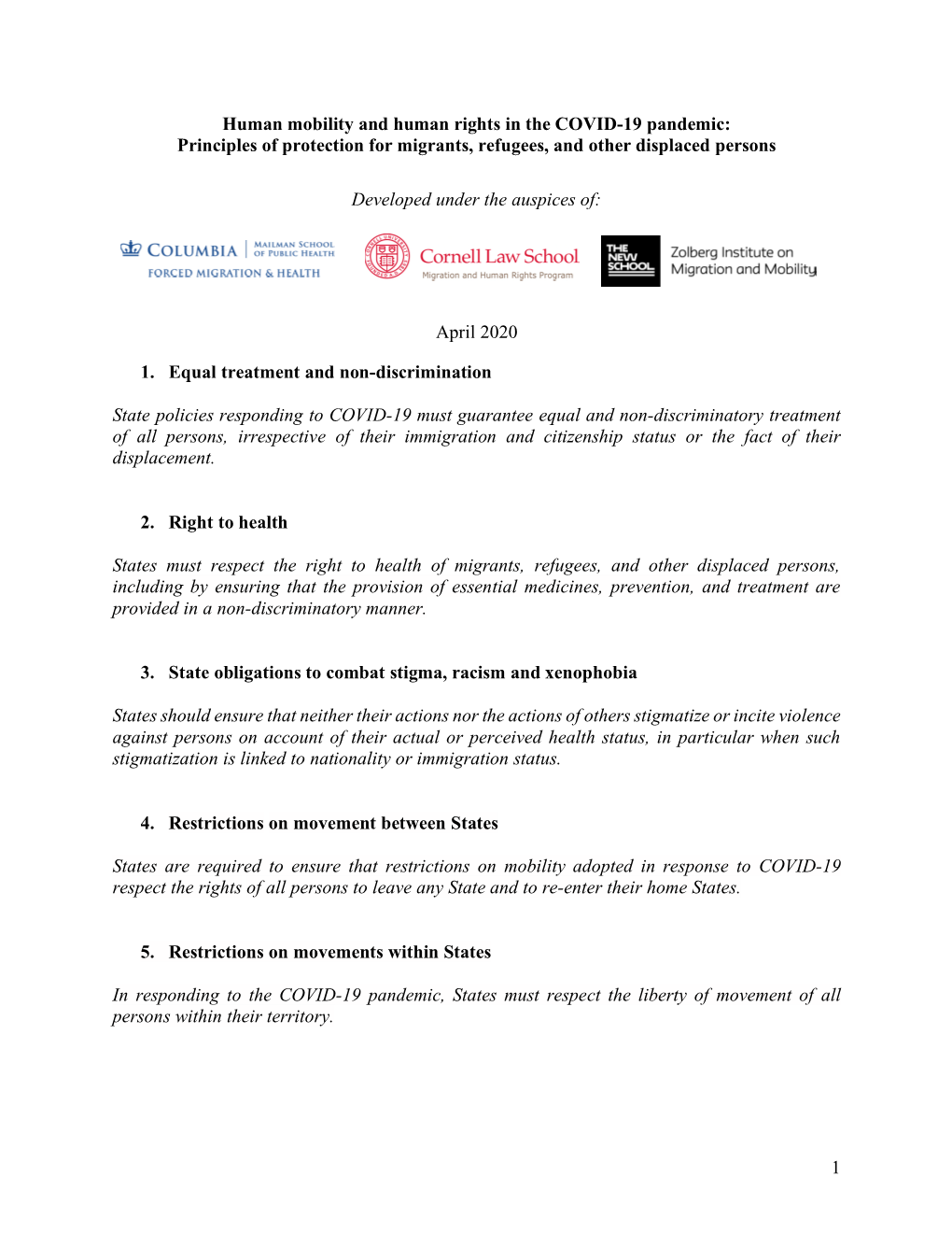 1 Human Mobility and Human Rights in the COVID-19 Pandemic: Principles