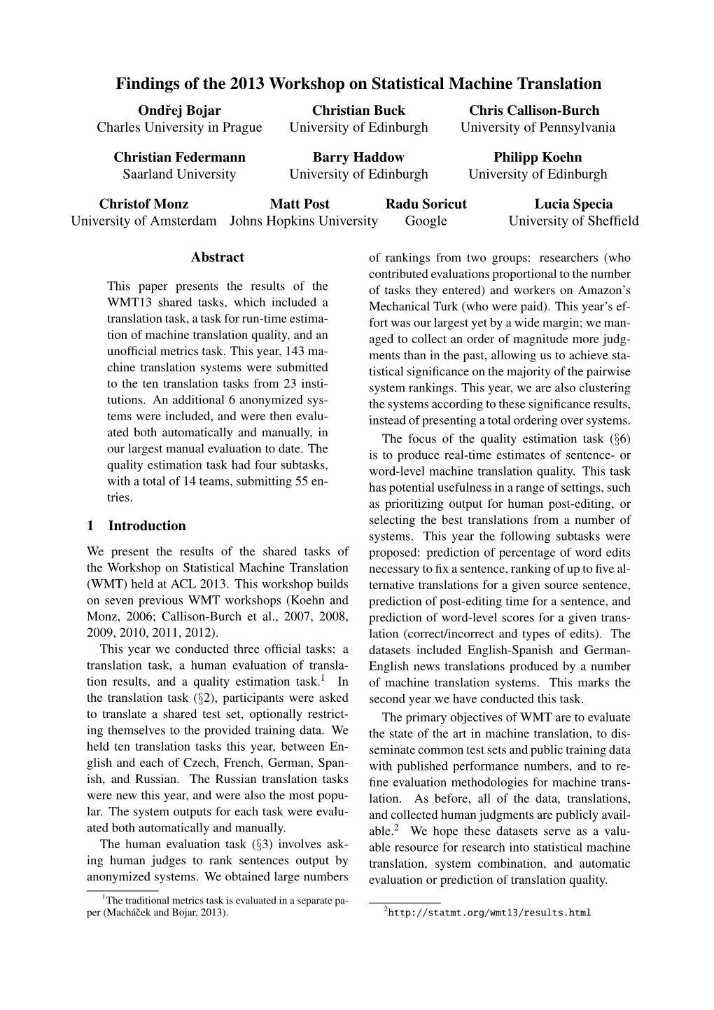 Findings of the 2013 Workshop on Statistical Machine