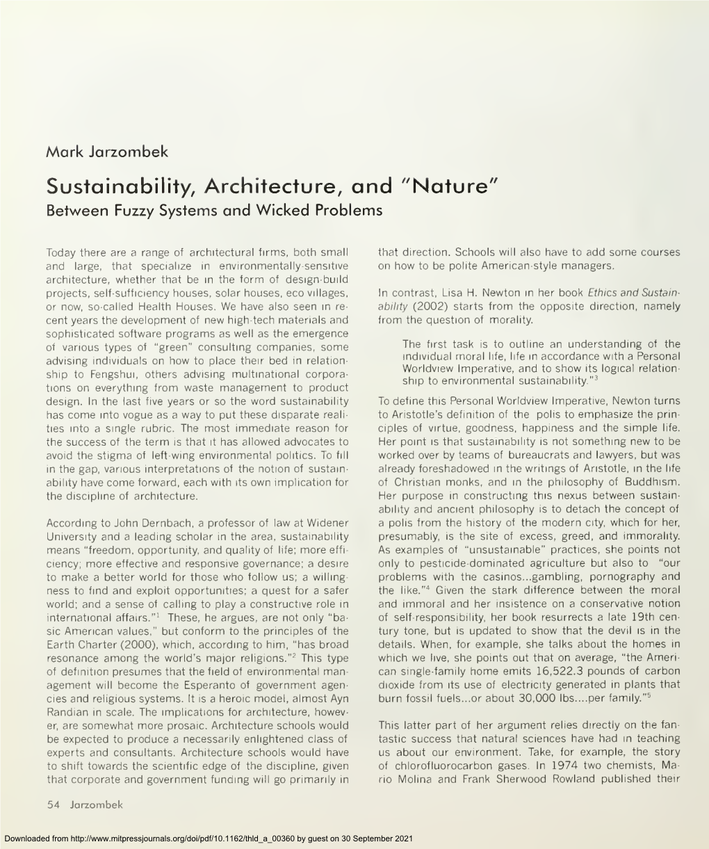 Sustainability, Architecture, and "Nature" Between Fuzzy Systems and Wicked Problems