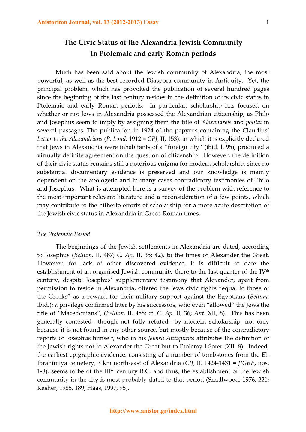 The Civic Status of the Alexandria Jewish Community in Ptolemaic and Early Roman Periods