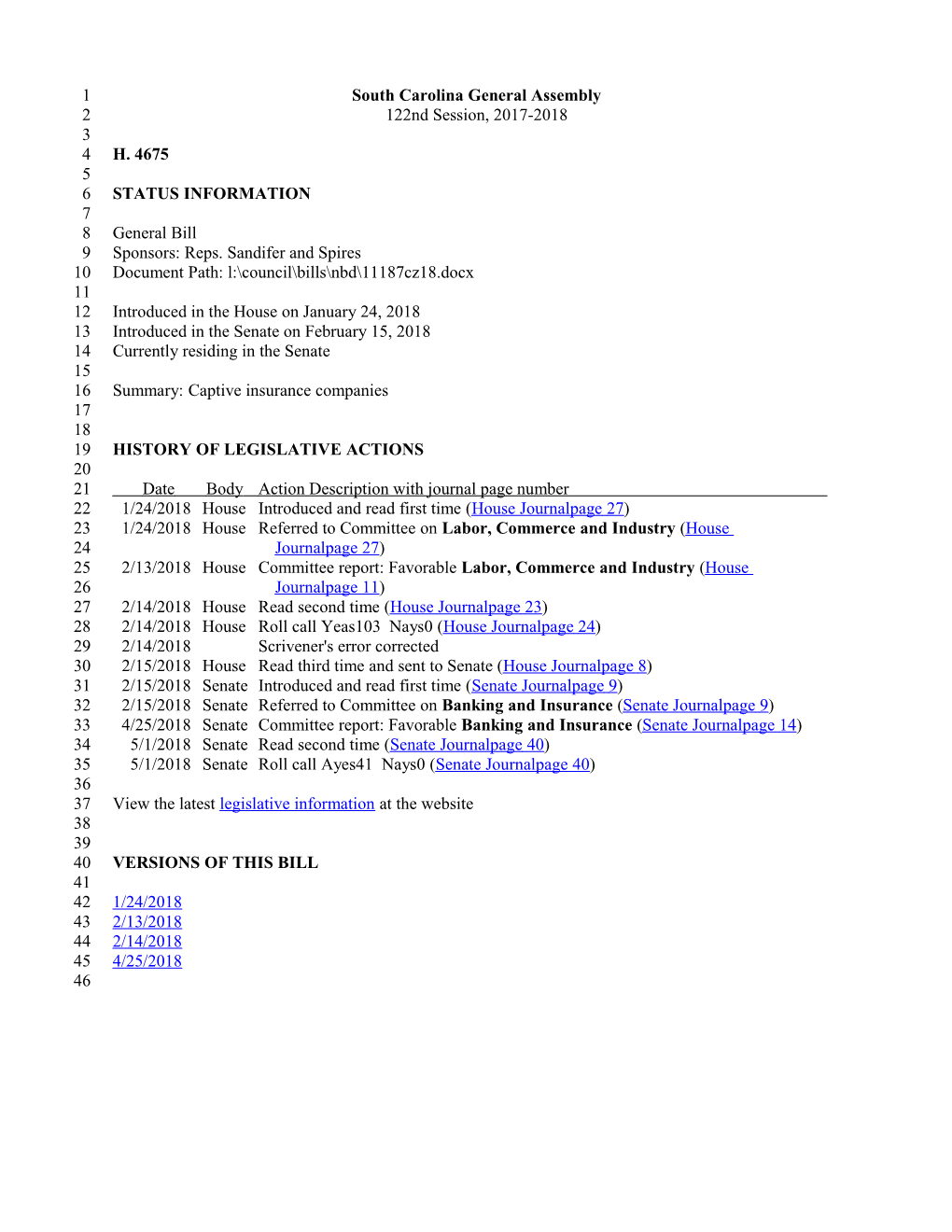 2017-2018 Bill 4675: Captive Insurance Companies - South Carolina Legislature Online