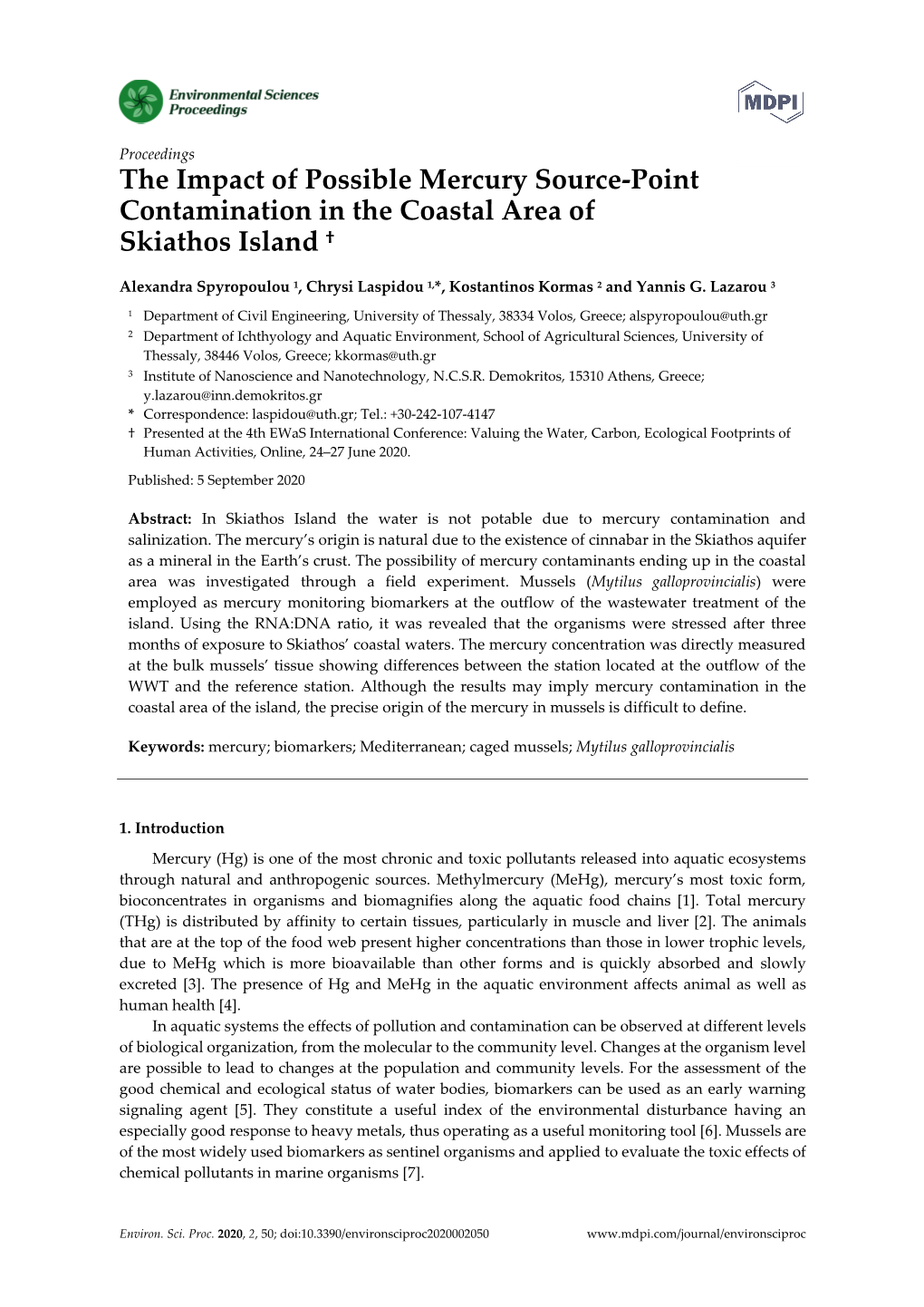 The Impact of Possible Mercury Source-Point Contamination in the Coastal Area of Skiathos Island †