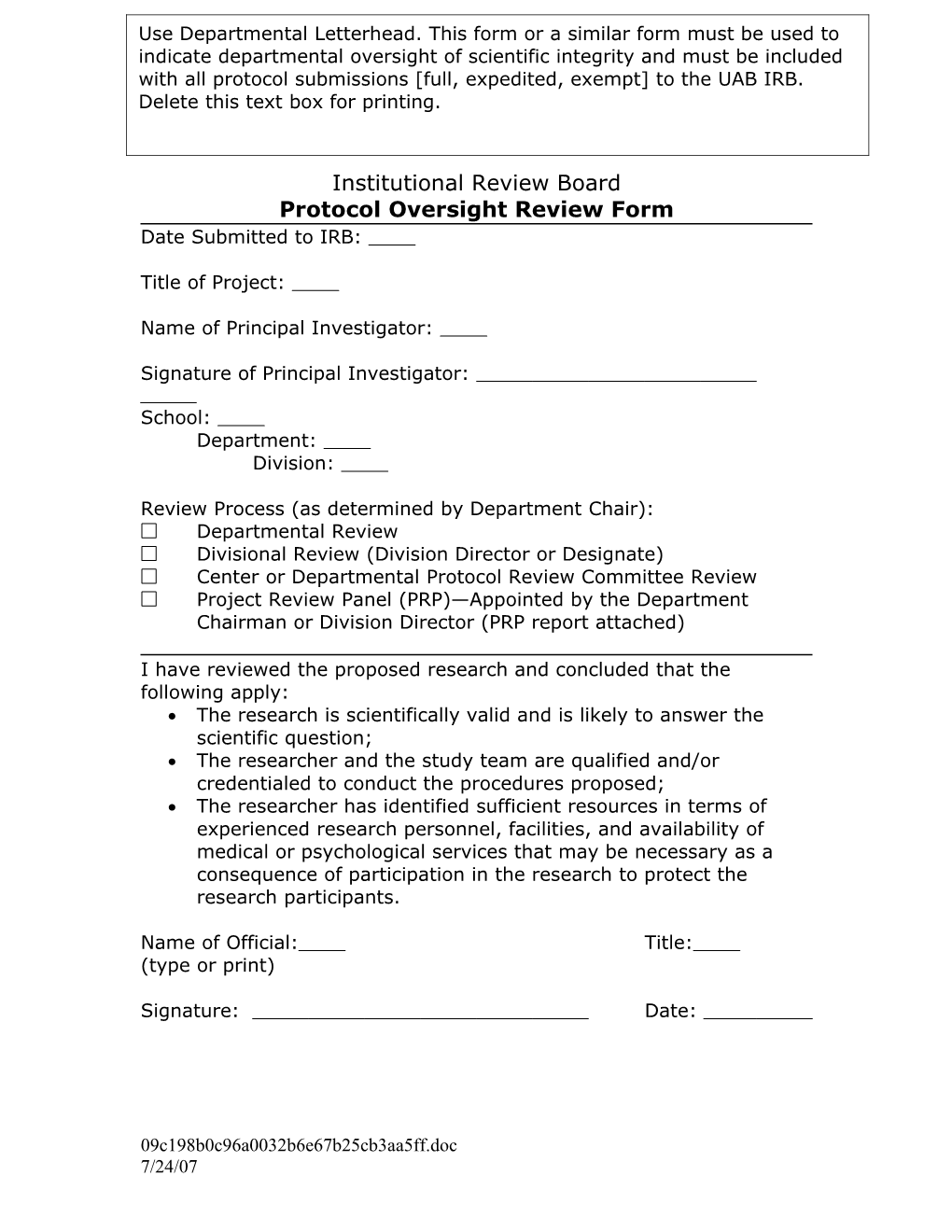 Sample Protocol Oversight Review Form (FOR205)