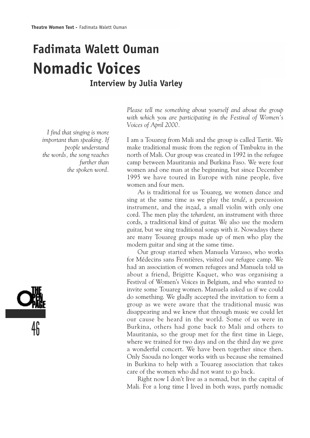 Nomadic Voices Interview by Julia Varley