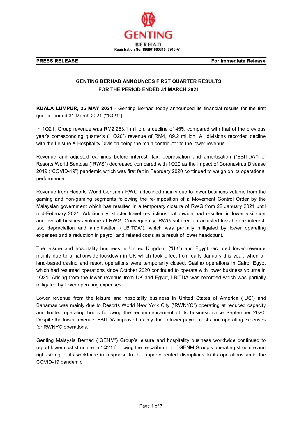 PRESS RELEASE for Immediate Release GENTING