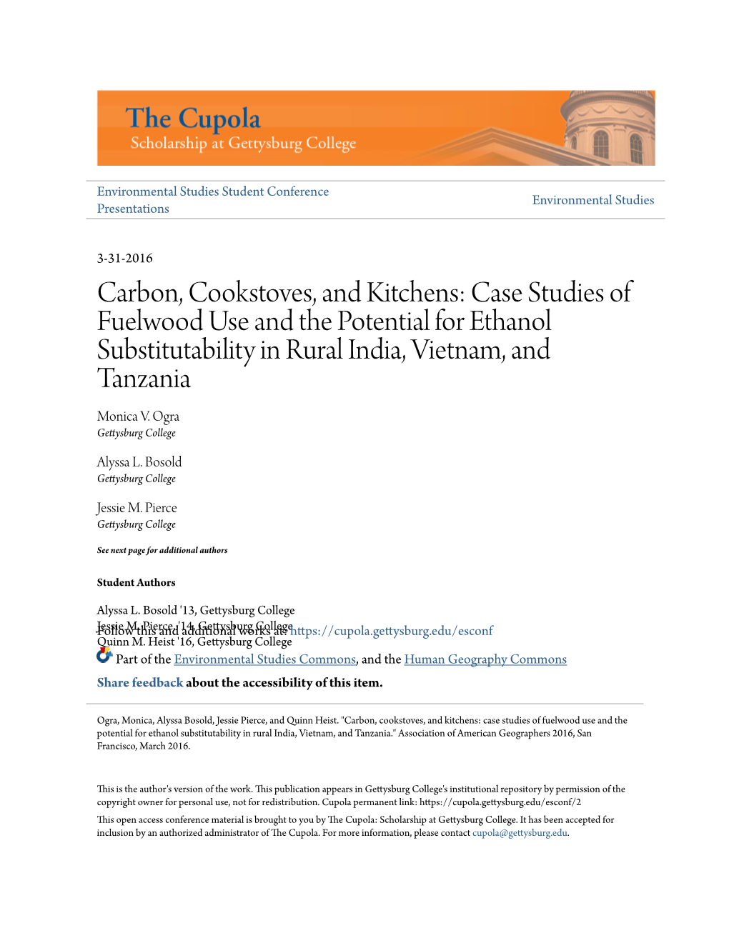 Carbon, Cookstoves, and Kitchens: Case Studies of Fuelwood Use and the Potential for Ethanol Substitutability in Rural India, Vietnam, and Tanzania Monica V