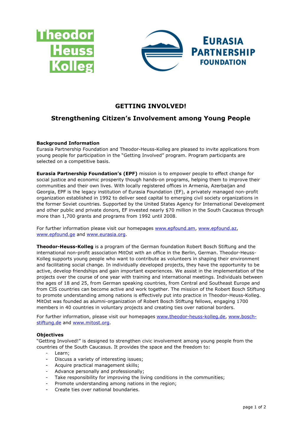 GETTING INVOLVED! Strengthening Citizen's Involvement Among Young