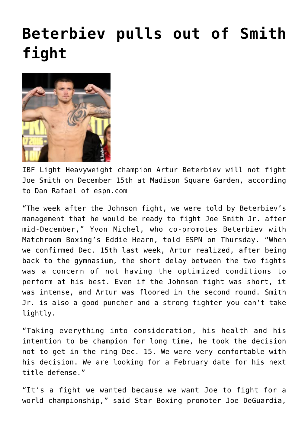 Beterbiev Pulls out of Smith Fight